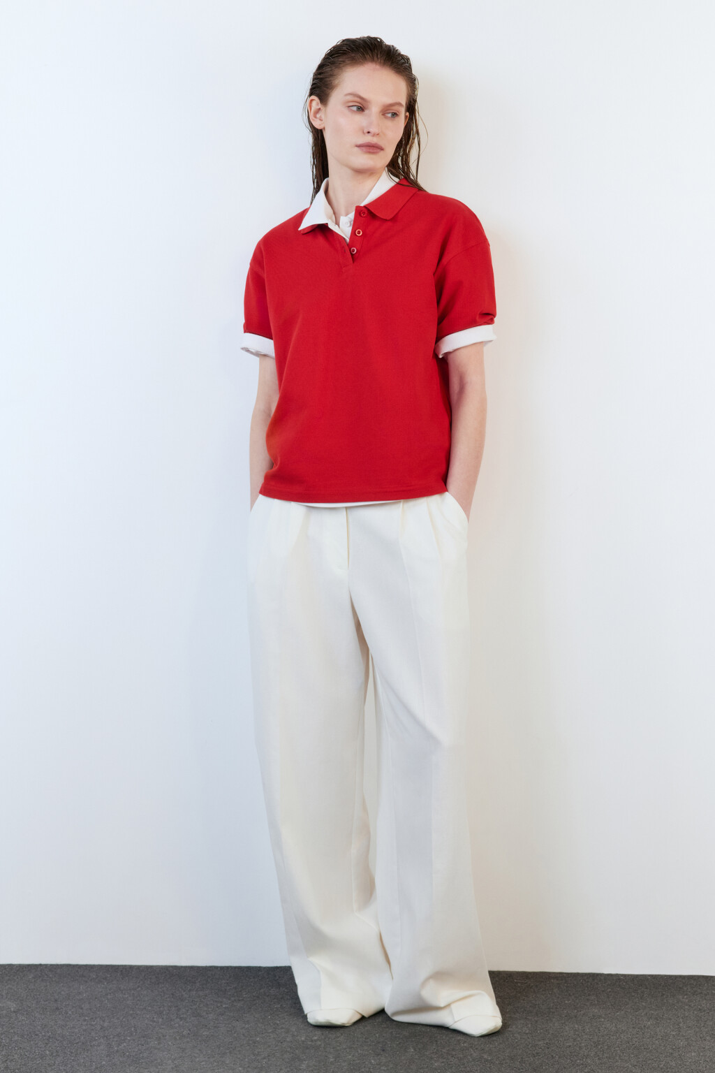 Футболка-поло хлопковая с застежкой на груди - цвет красный - 5