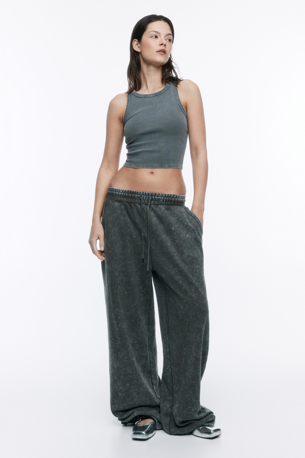 Майка-топ в рубчик со стиркой - цвет зеленый - 1