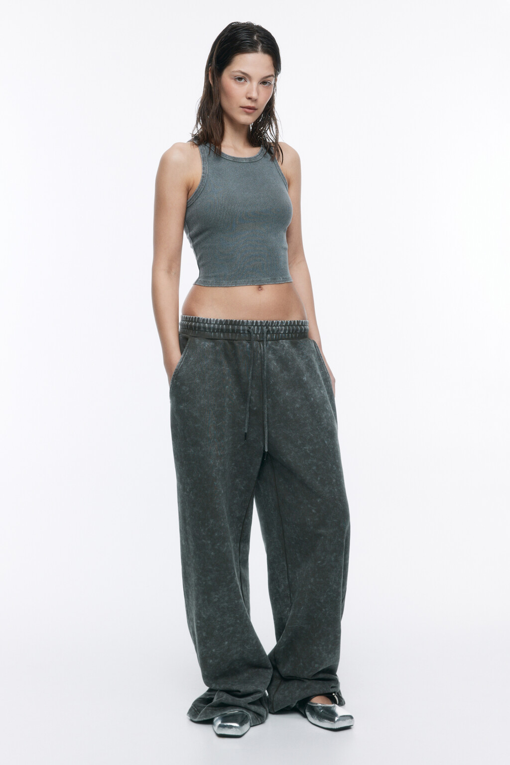 Майка-топ в рубчик со стиркой - цвет зеленый - 5