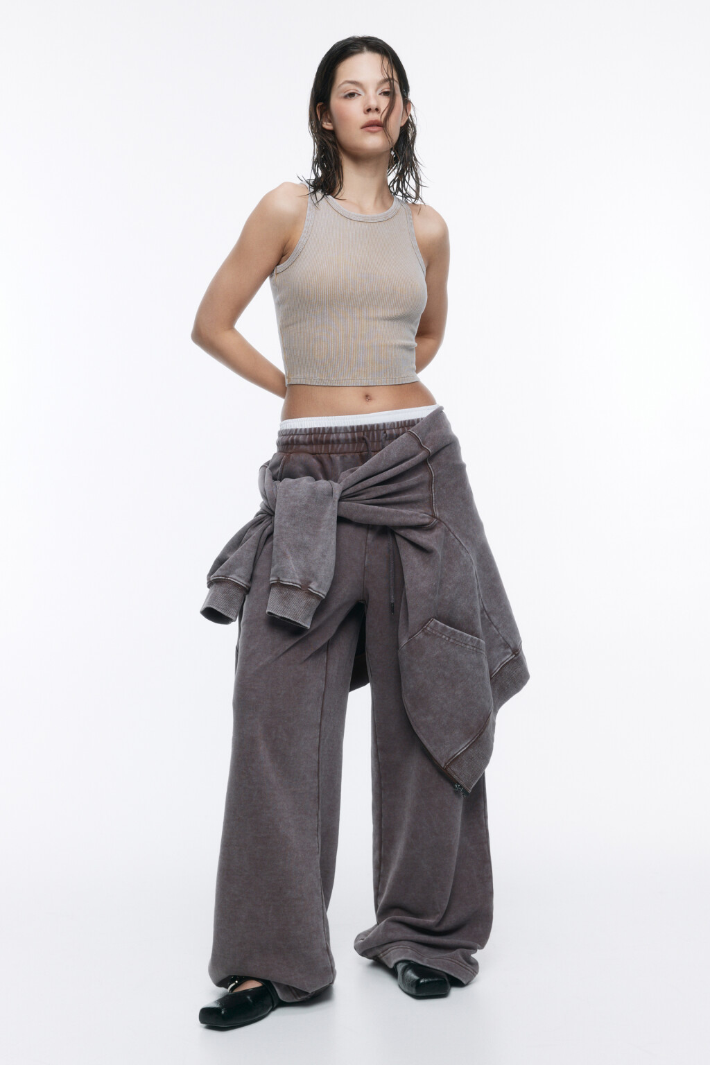 Майка-топ в рубчик со стиркой - цвет бежевый - 1