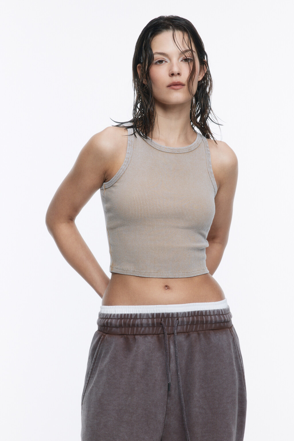 Майка-топ в рубчик со стиркой - цвет бежевый - 2