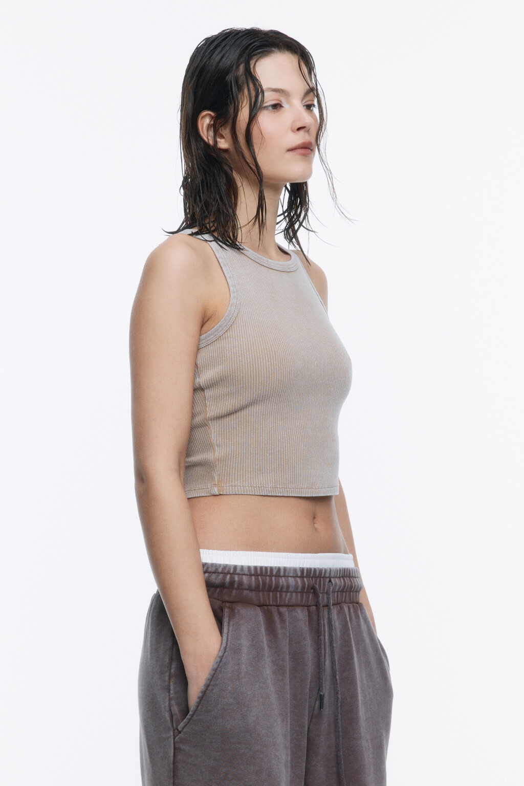 Майка-топ в рубчик со стиркой - цвет бежевый - 3