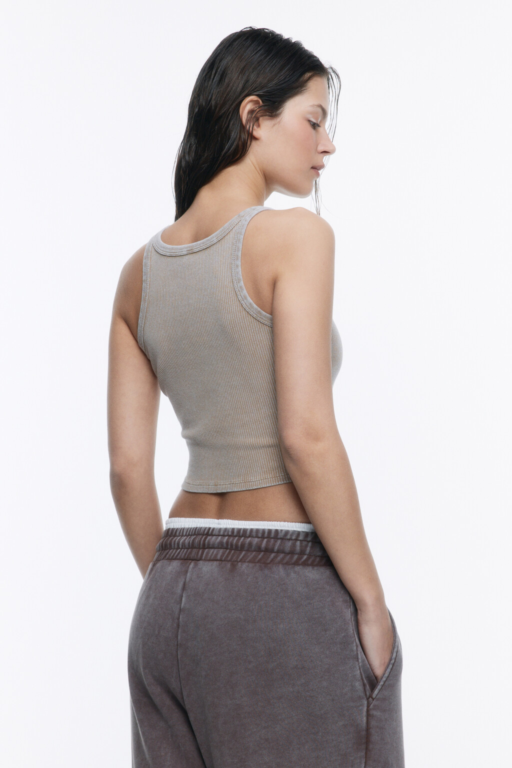 Майка-топ в рубчик со стиркой - цвет бежевый - 4