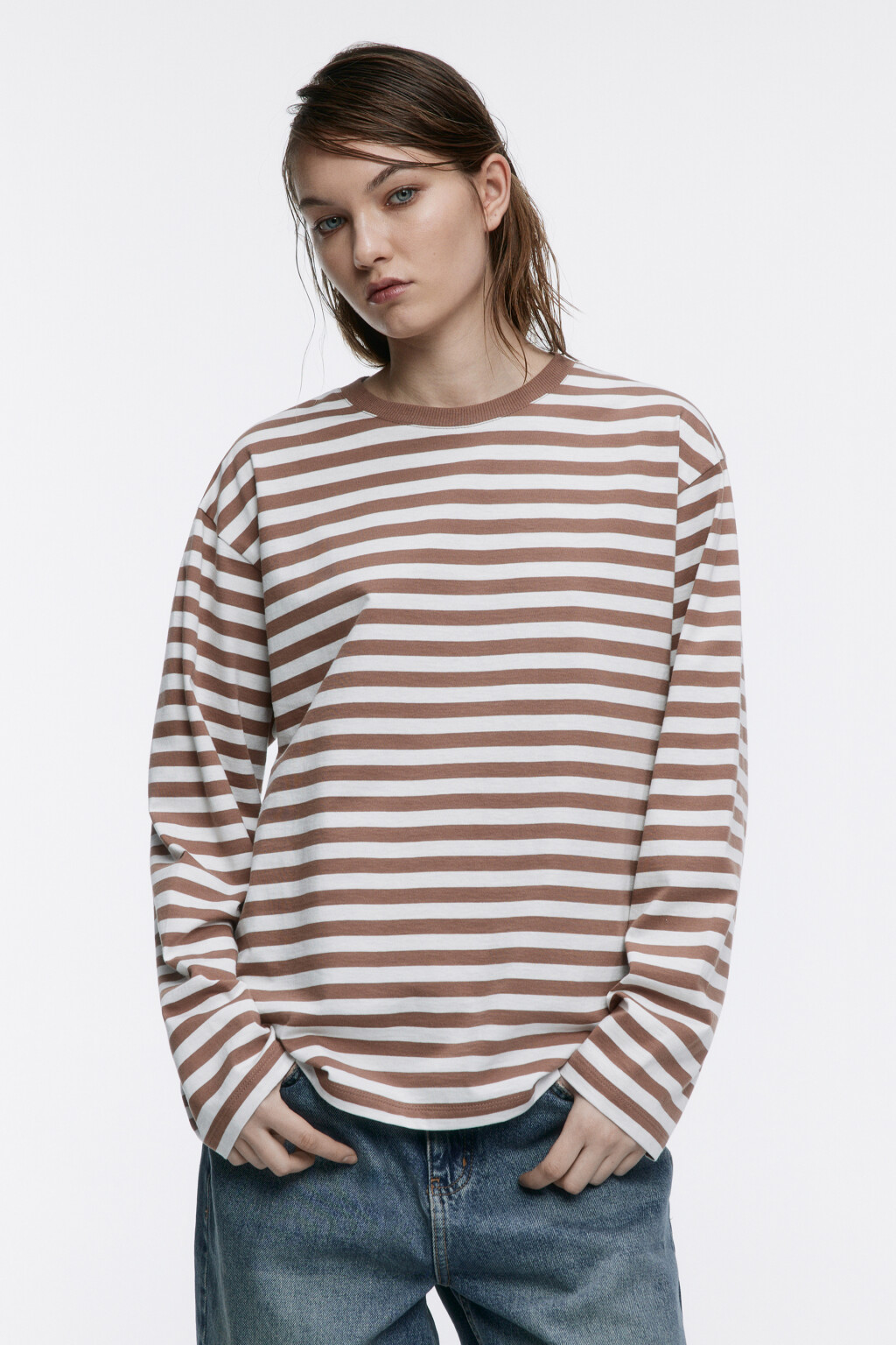 Лонгслив трикотажный в полоску - цвет бежевый - 2