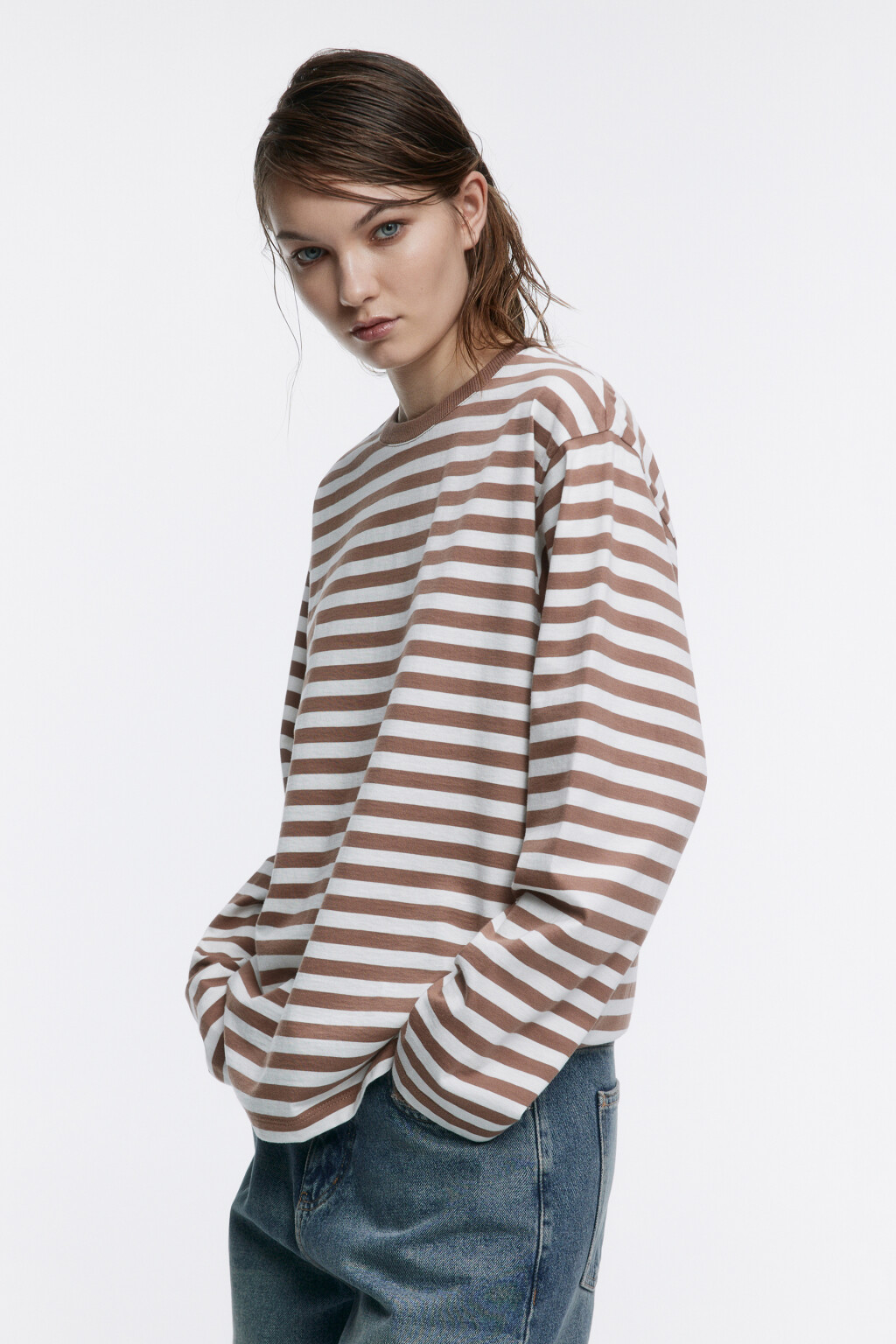 Лонгслив трикотажный в полоску - цвет бежевый - 3