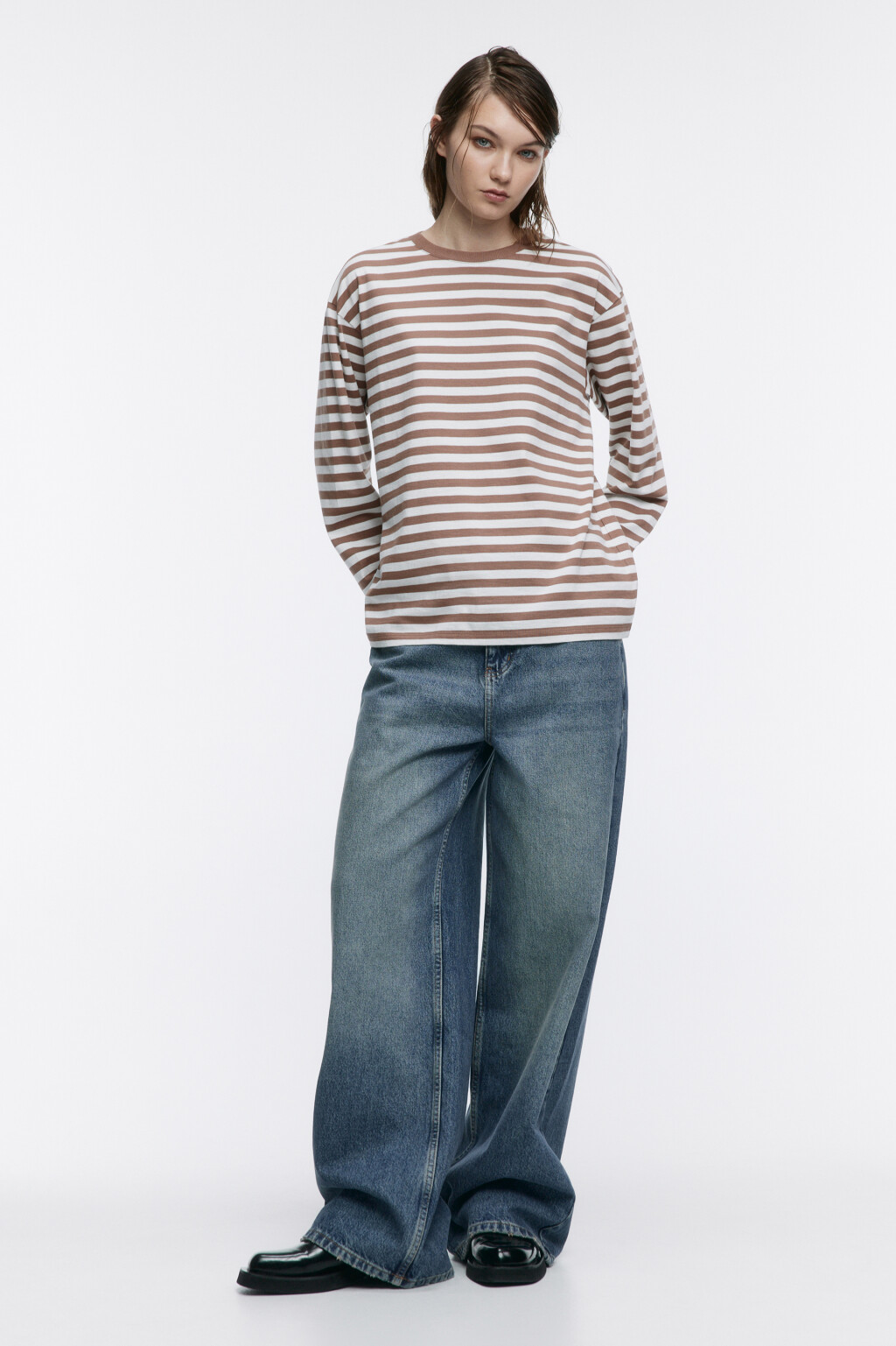 Лонгслив трикотажный в полоску - цвет бежевый - 5