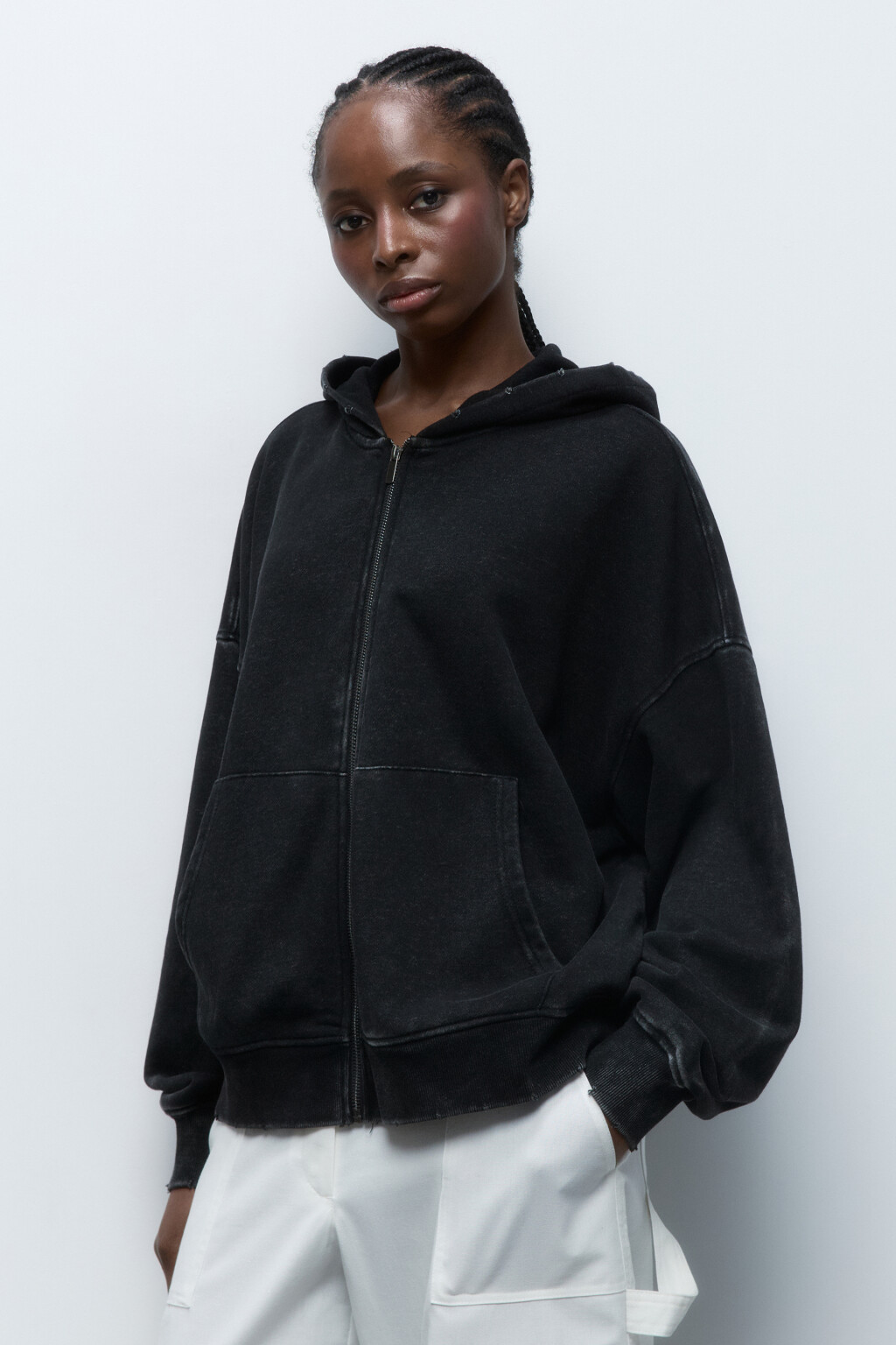 Худи на молнии из футера с вареным эффектом - цвет серый - 2