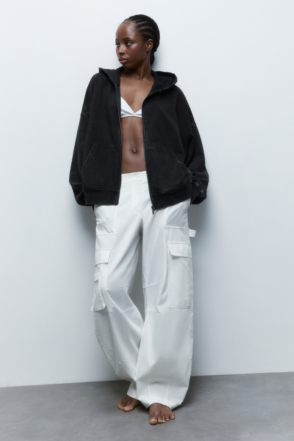 Худи на молнии из футера с вареным эффектом - цвет серый - 4