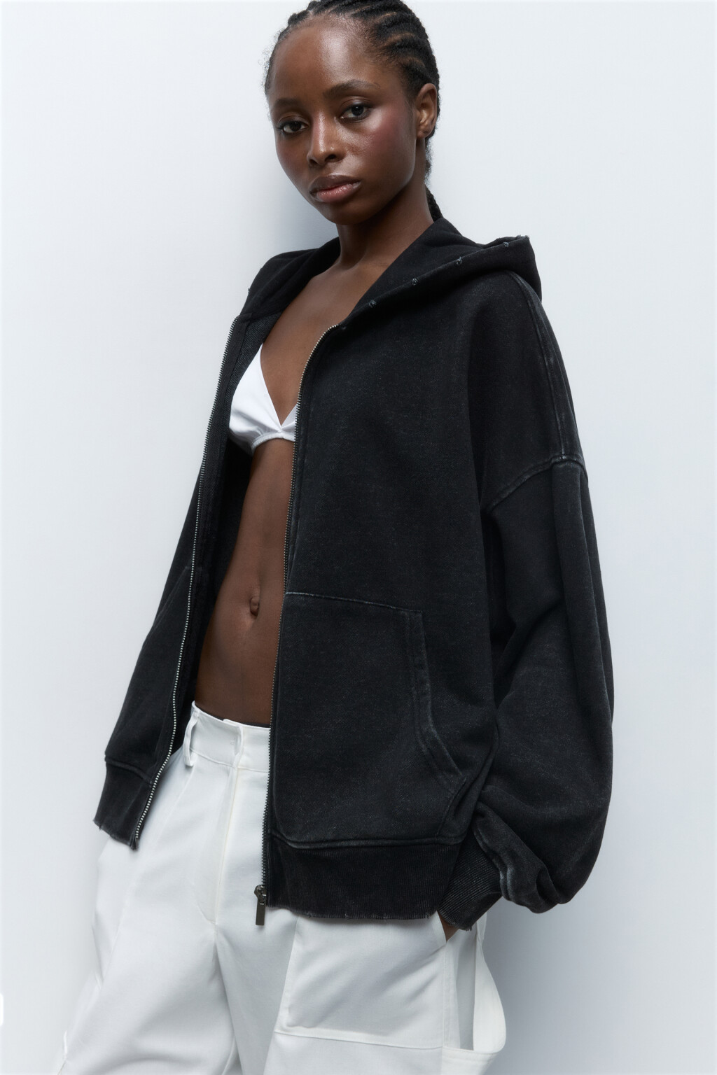 Худи на молнии из футера с вареным эффектом - цвет серый - 5