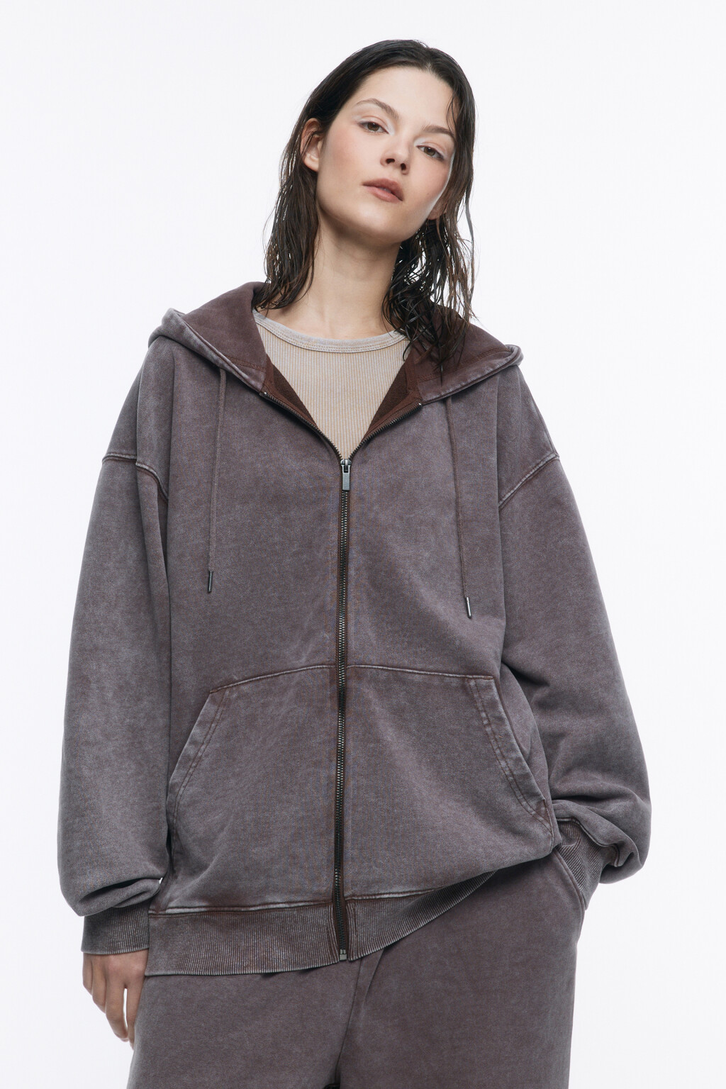 Толстовка на молнии с вареным эффектом - цвет коричневый - 2
