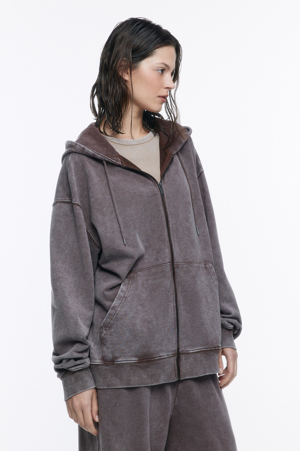 Толстовка на молнии с вареным эффектом - цвет коричневый - 3