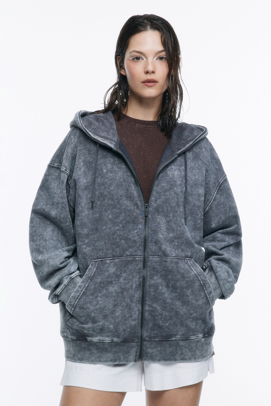 Толстовка на молнии с вареным эффектом - цвет серый - 3