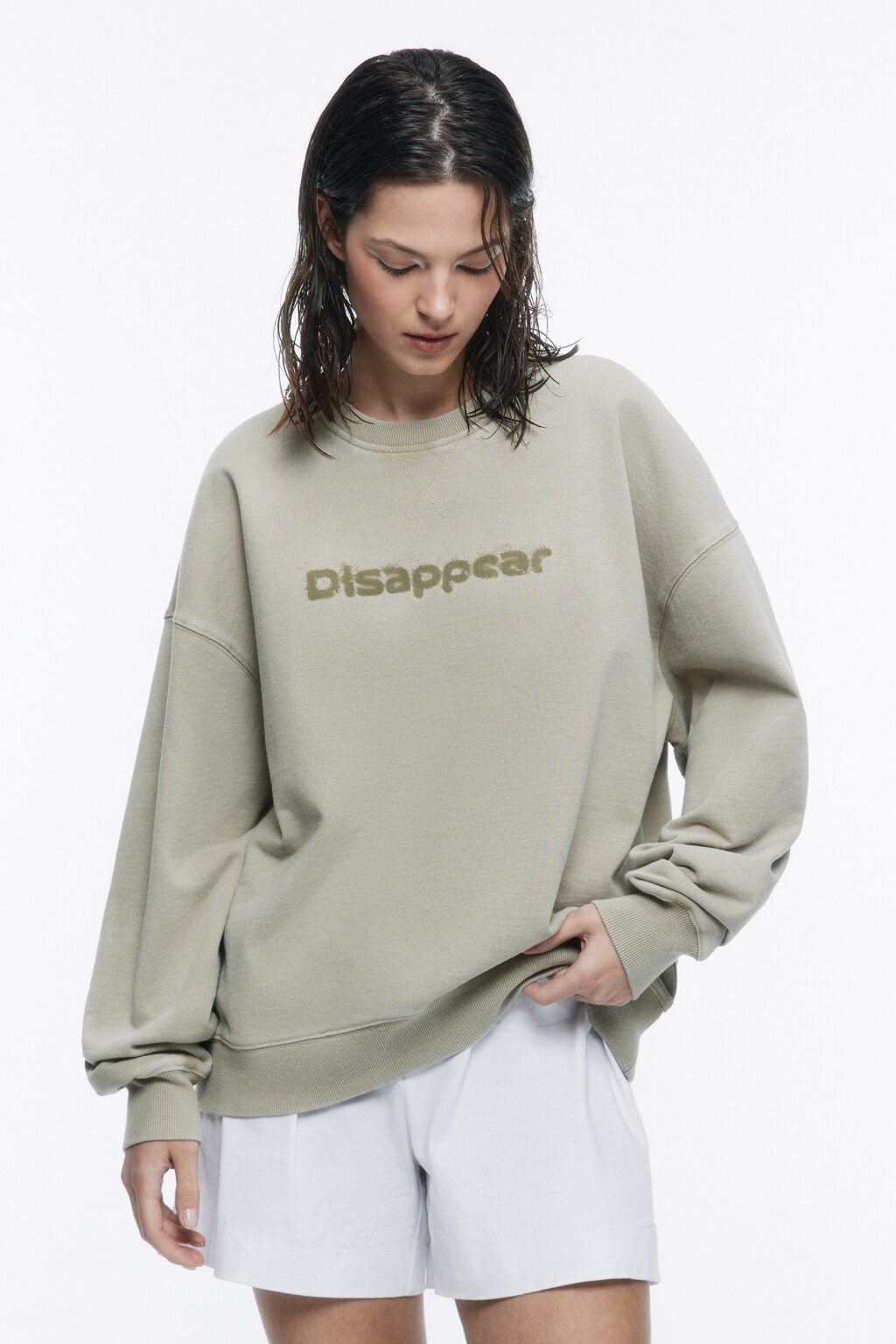 Свитшот из футера со стиркой и принтом - цвет зеленый - 1