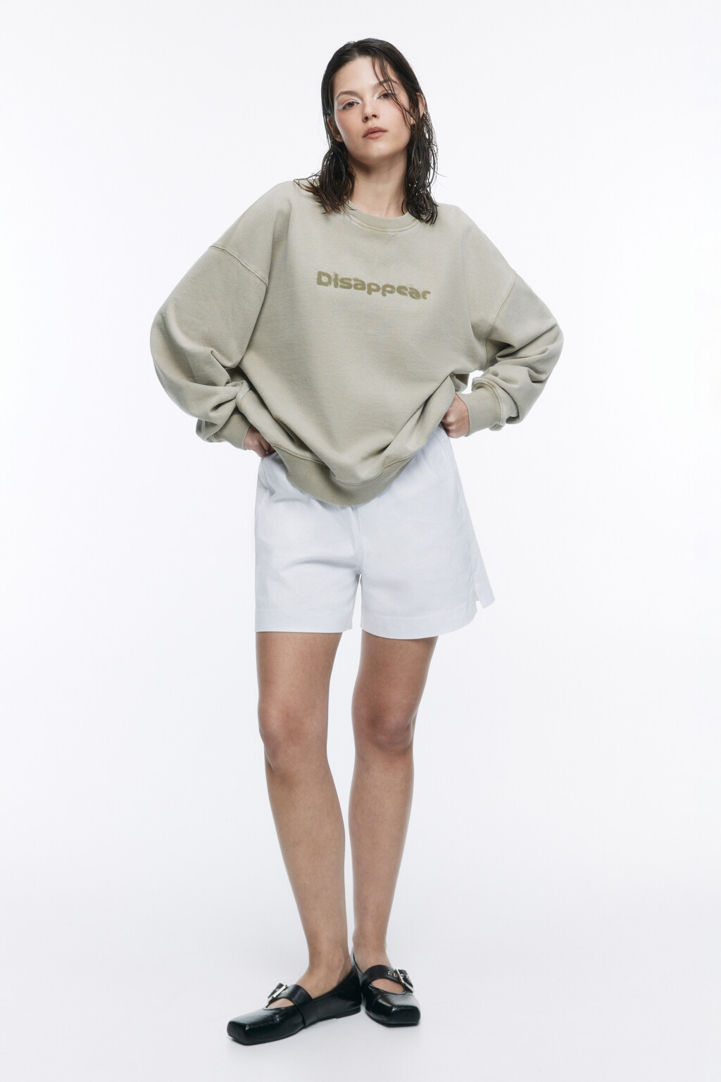 Свитшот из футера со стиркой и принтом - цвет зеленый - 5