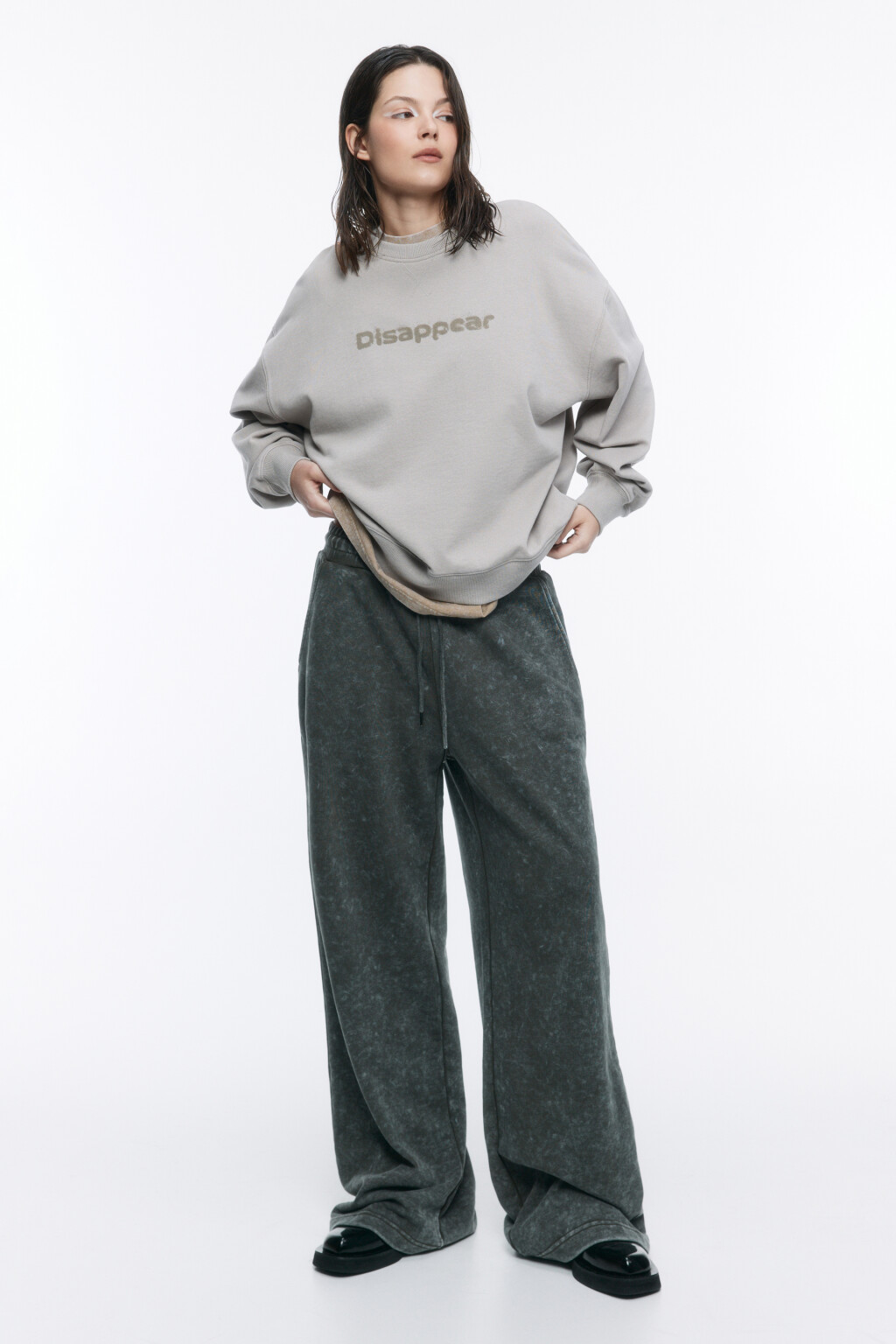 Свитшот из футера со стиркой и принтом - цвет бежевый - 1