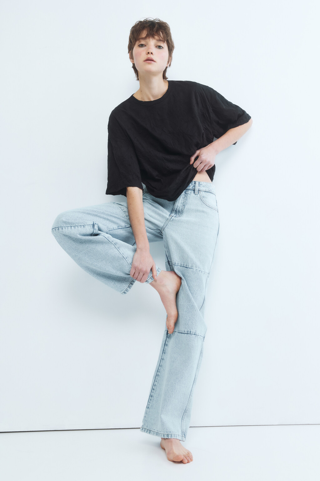 Джинсы широкие в лоскутной технике - цвет голубой - 1