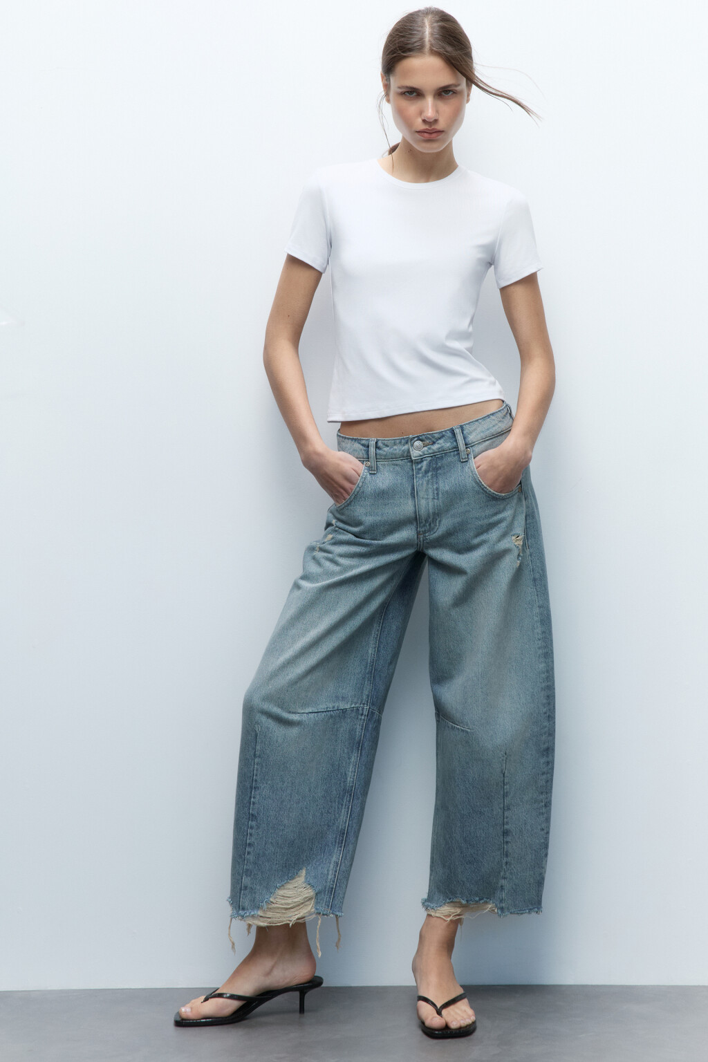 Джинсы barrel fit рваные с потертостями - цвет синий - 1