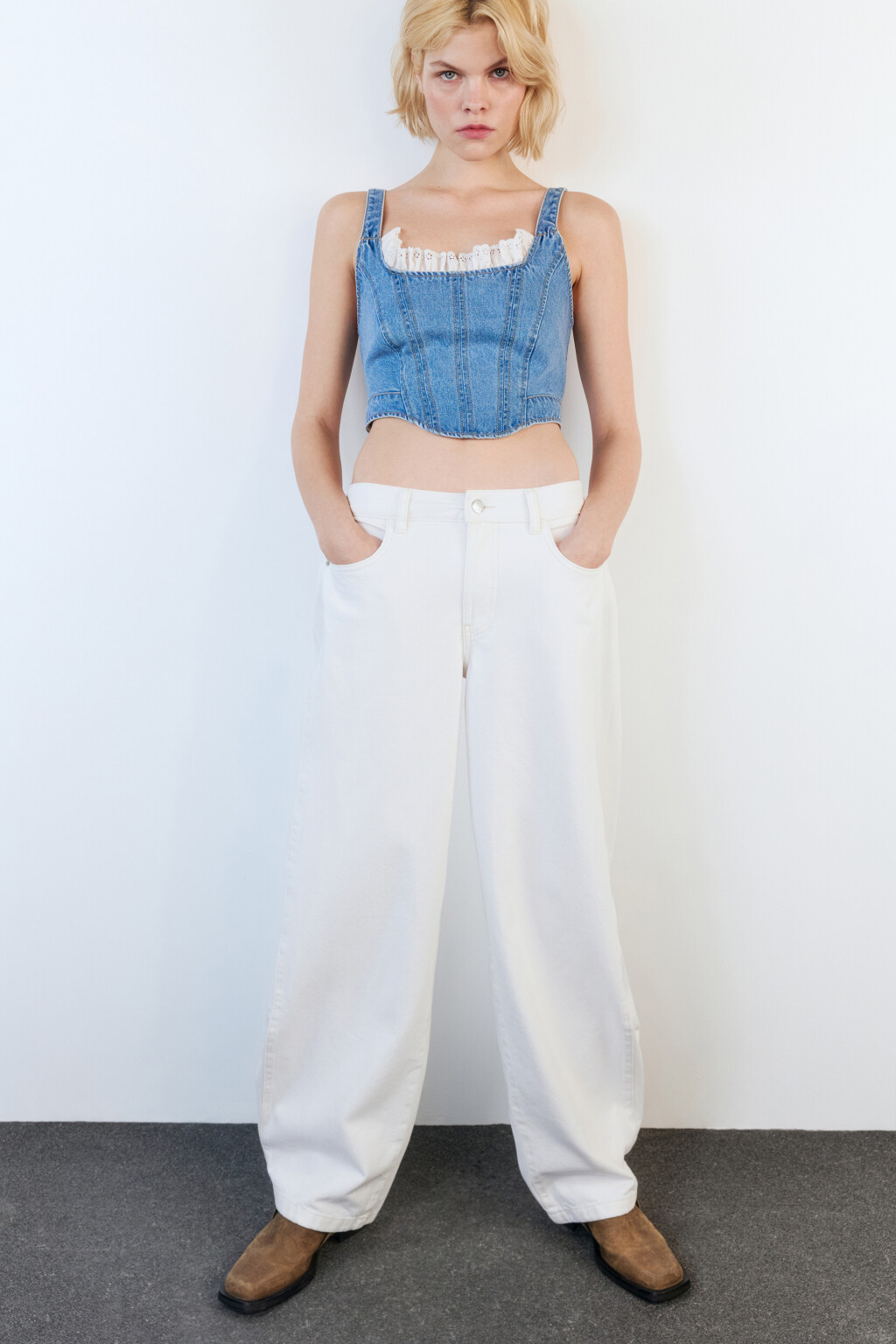 Джинсы wide широкие с низкой посадкой - цвет белый - 2