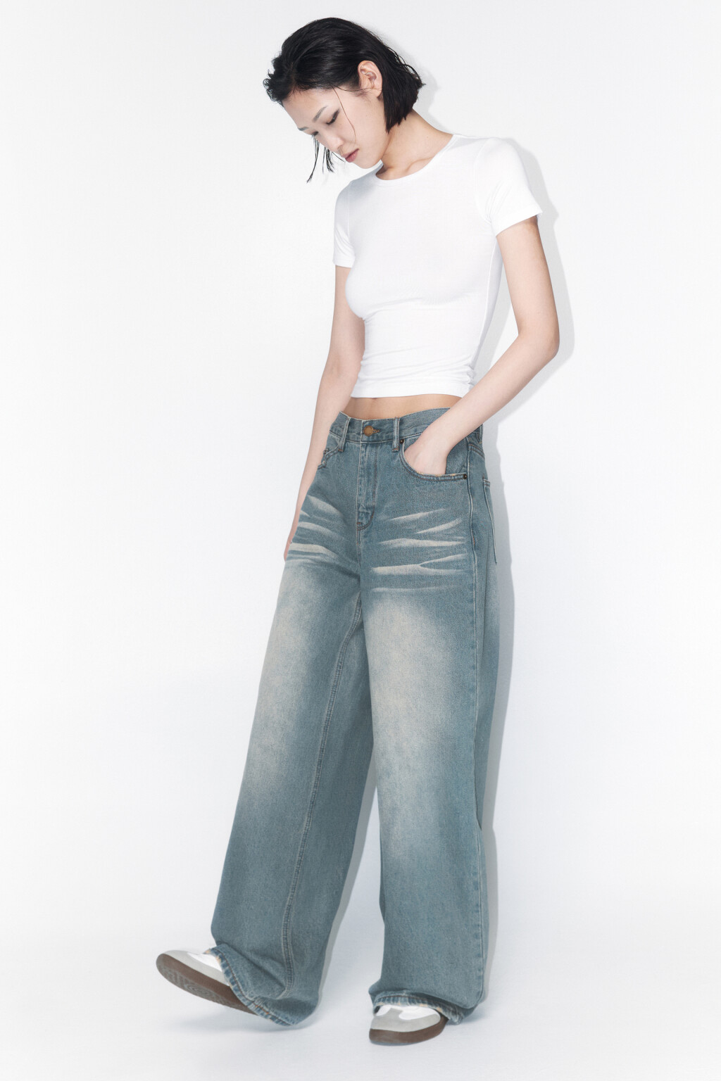 Джинсы широкие с эффектом масляной стирки - цвет синий - 1