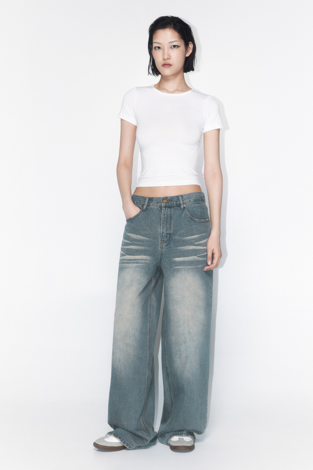 Джинсы широкие с эффектом масляной стирки - цвет синий - 5