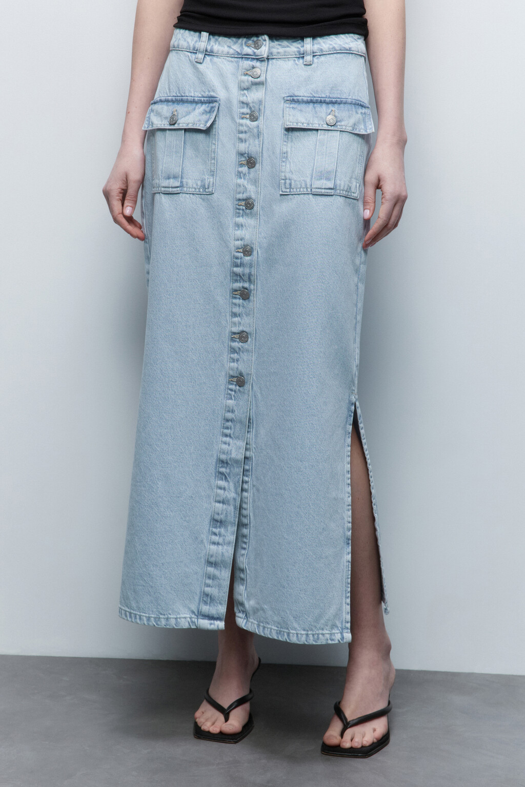 Юбка макси джинсовая прямая с карманами - цвет голубой - 2