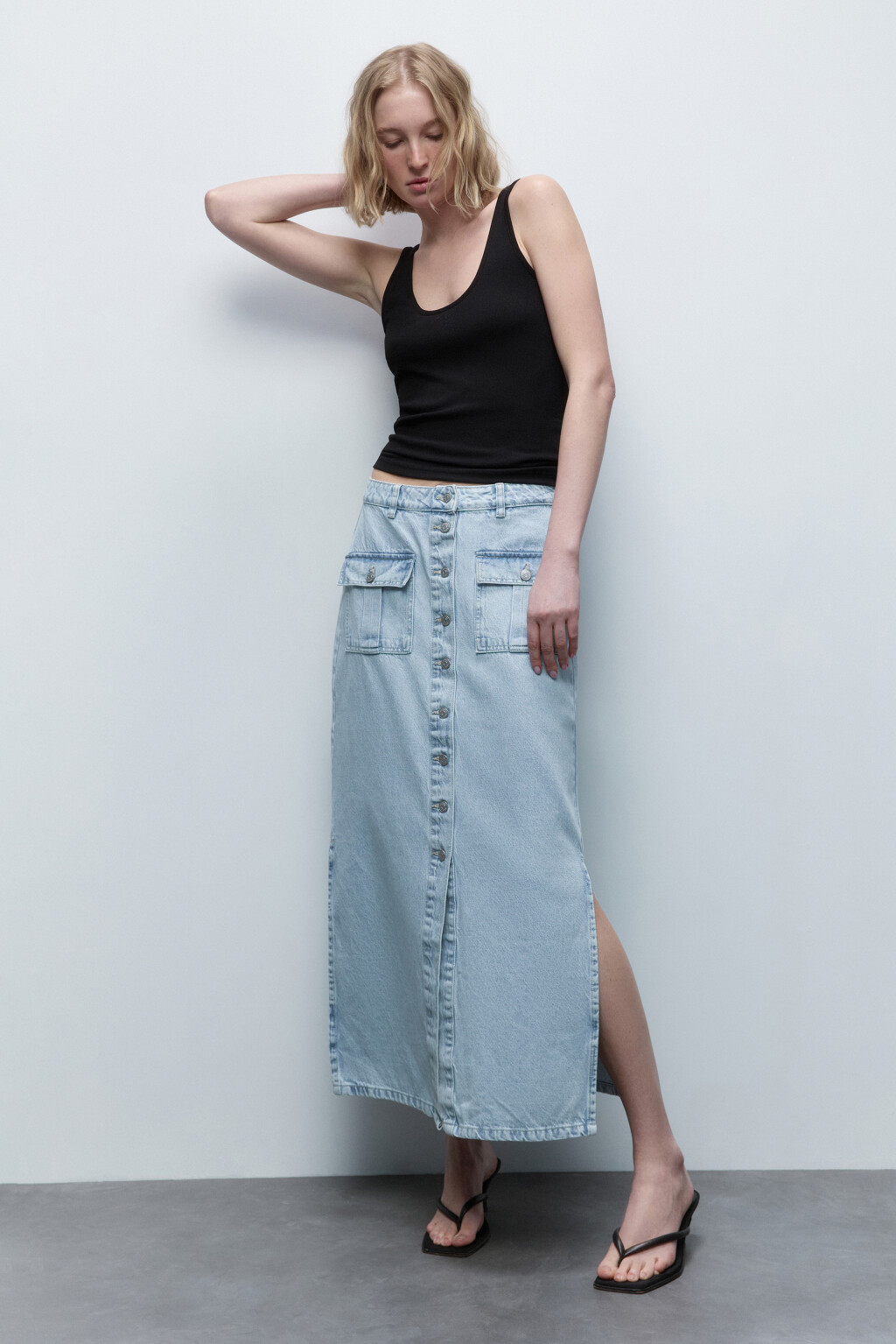 Юбка макси джинсовая прямая с карманами - цвет голубой - 5