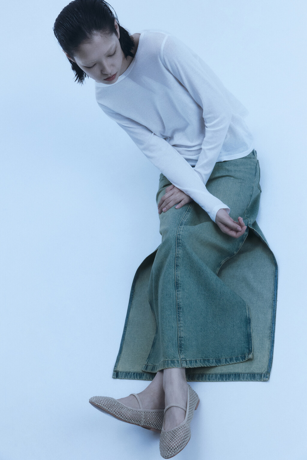 Юбка макси джинсовая с эффектом масляной стирки - цвет синий - 1