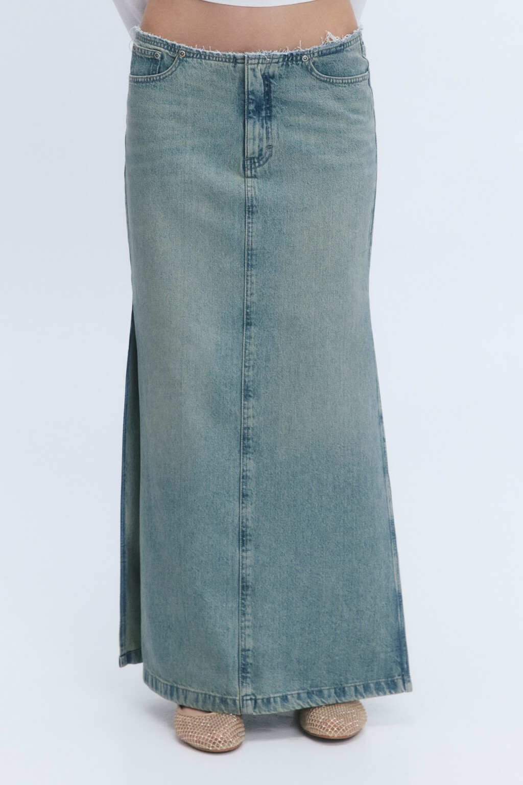 Юбка макси джинсовая с эффектом масляной стирки - цвет синий - 3