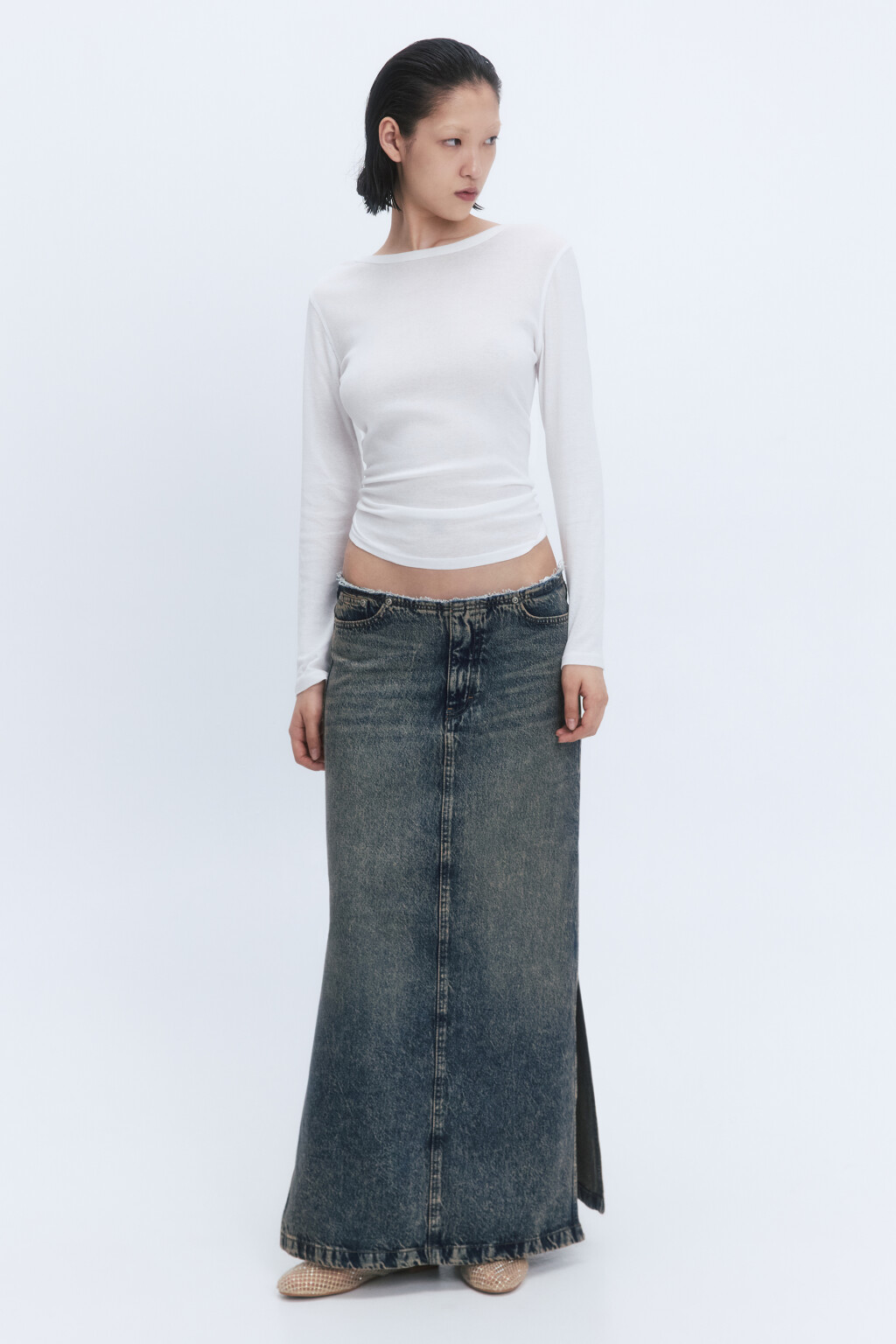 Юбка макси джинсовая с эффектом масляной стирки - цвет бордовый - 6