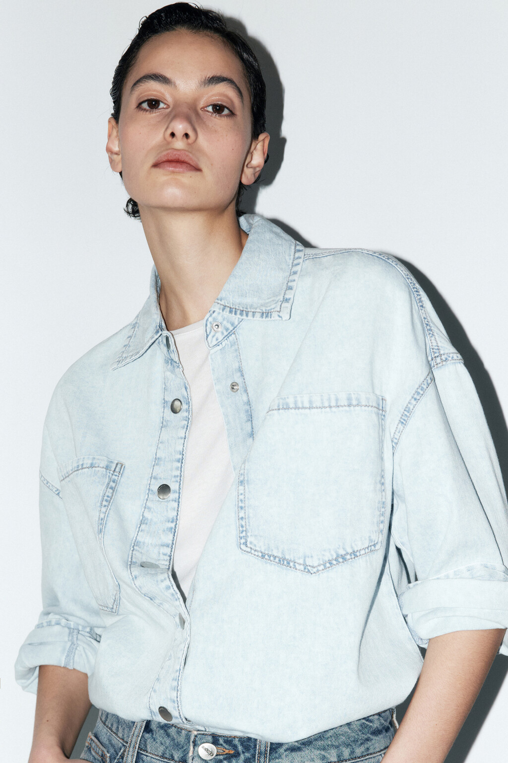 Рубашка oversize джинсовая с карманами - цвет голубой - 1