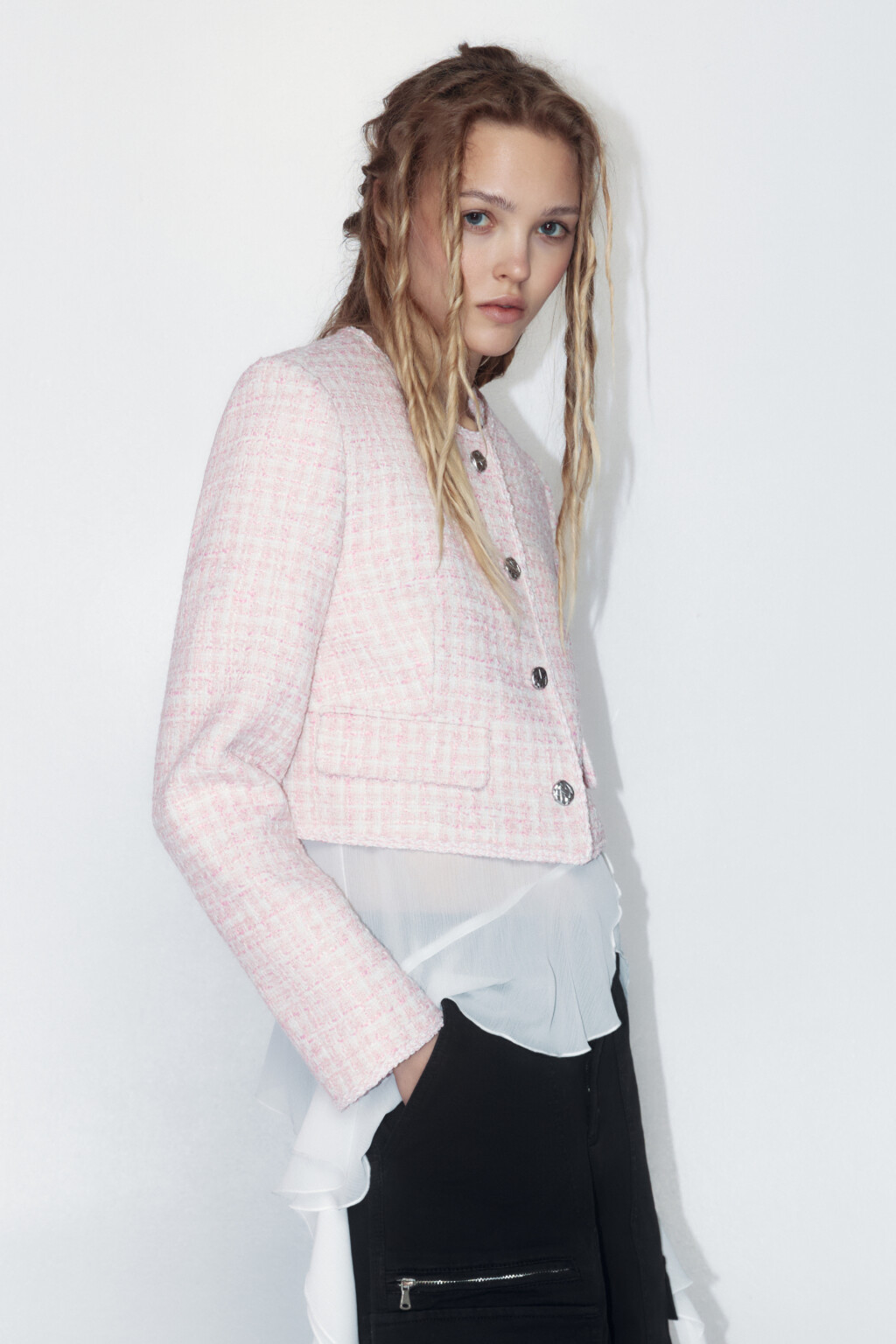 Жакет твидовый укороченный с бахромой - цвет розовый - 3