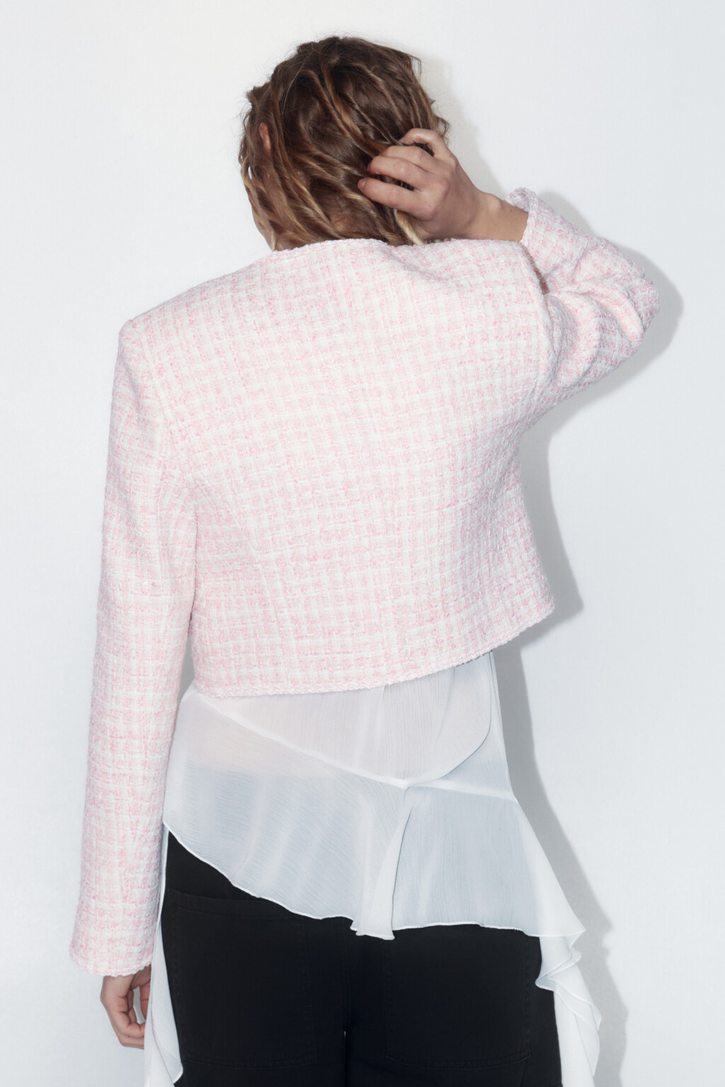 Жакет твидовый укороченный с бахромой - цвет розовый - 4