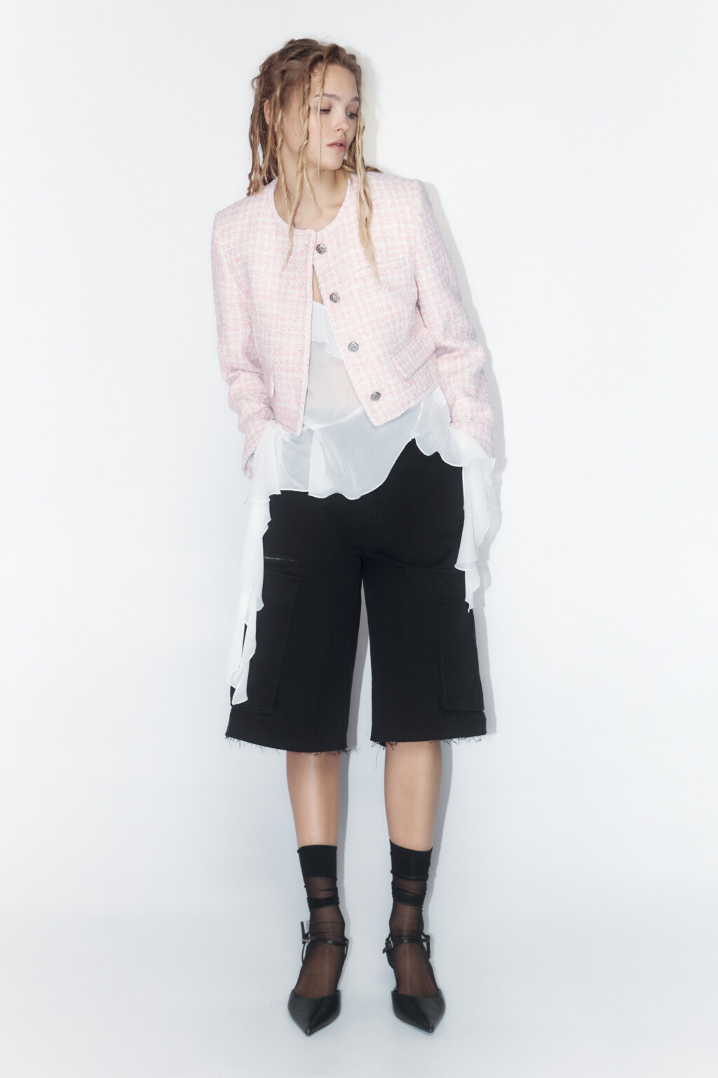 Жакет твидовый укороченный с бахромой - цвет розовый - 5