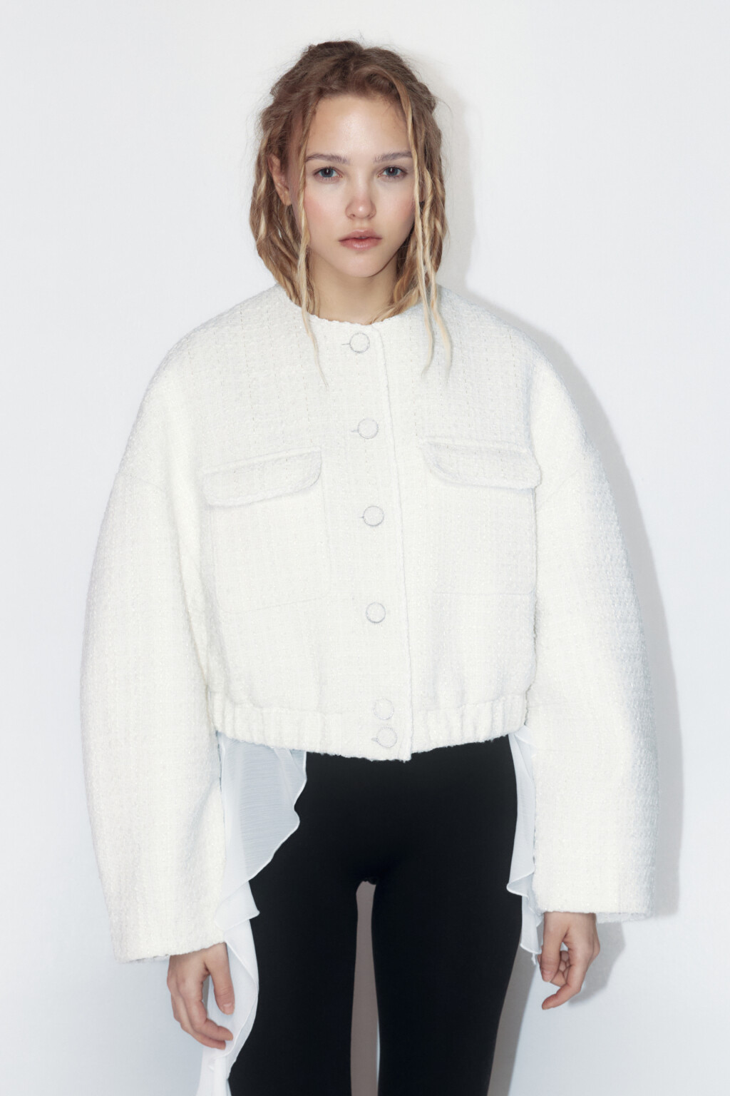 Жакет твидовый укороченный с карманами - цвет бежевый - 2