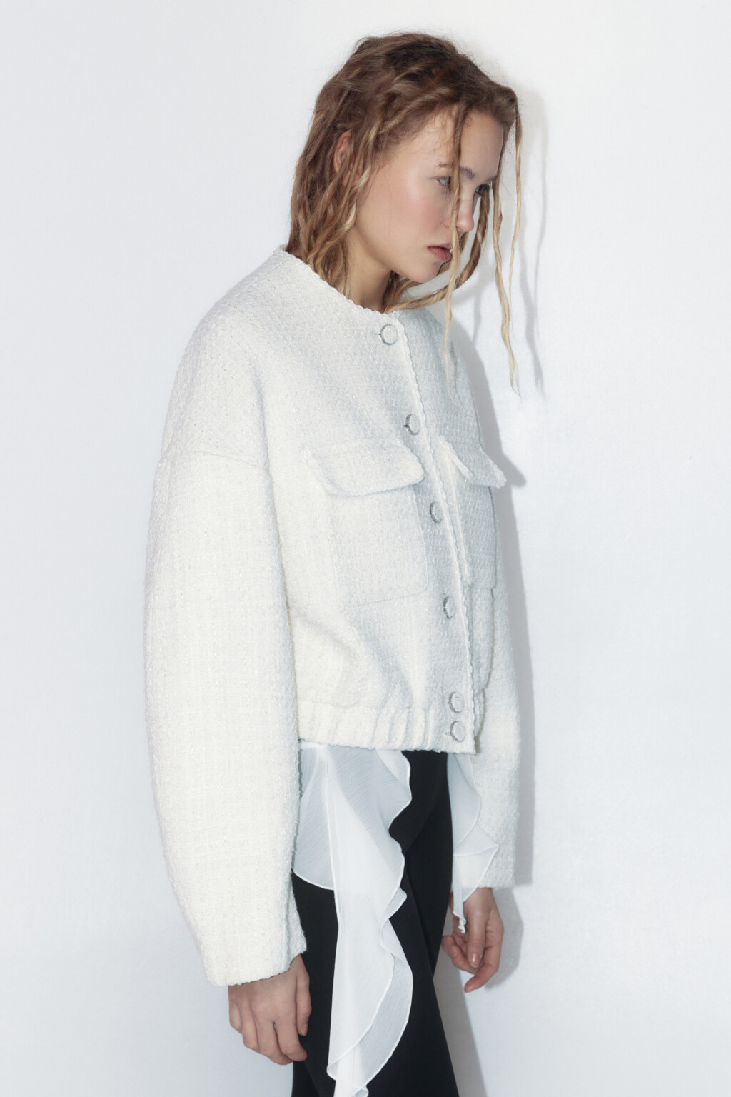 Жакет твидовый укороченный с карманами - цвет бежевый - 3