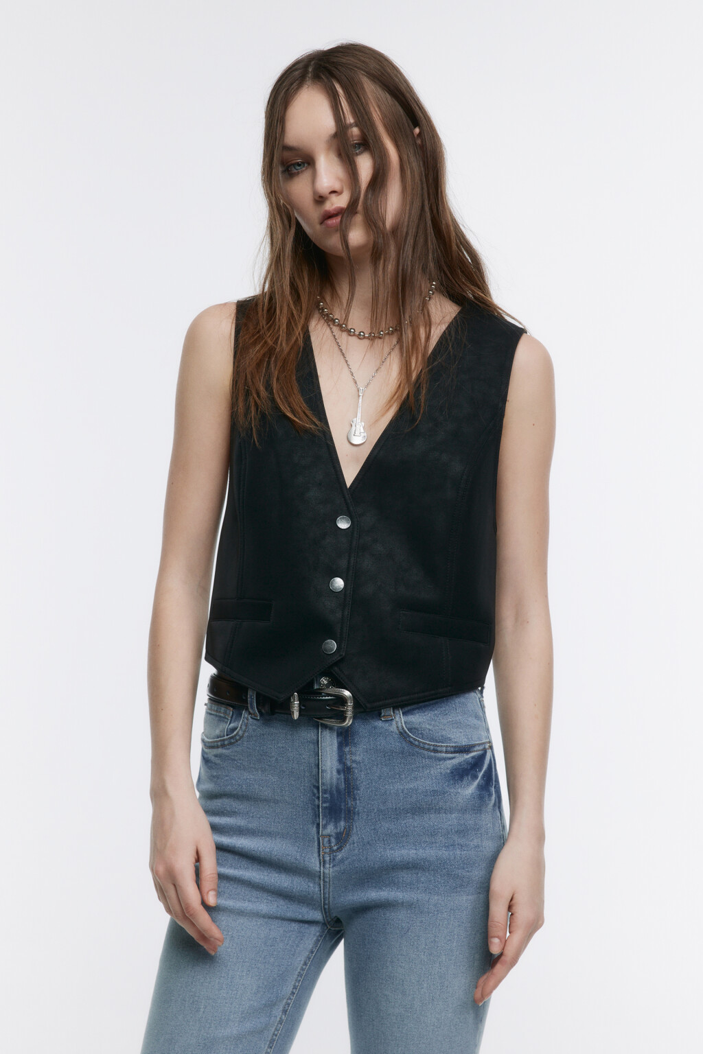 Жилет костюмный из искусственной замши - цвет черный - 2
