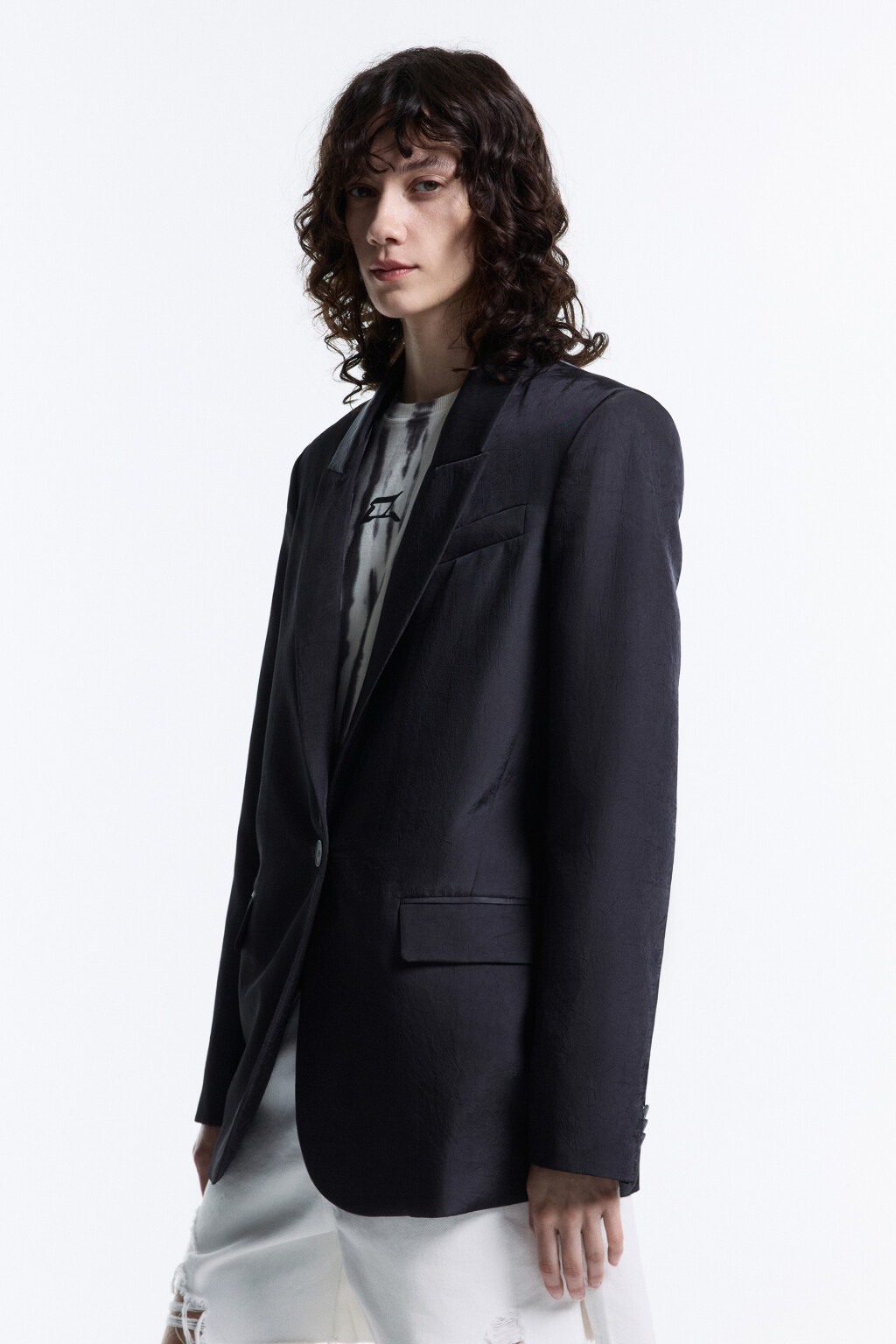 Пиджак однобортный из жатой костюмной ткани - цвет черный - 3