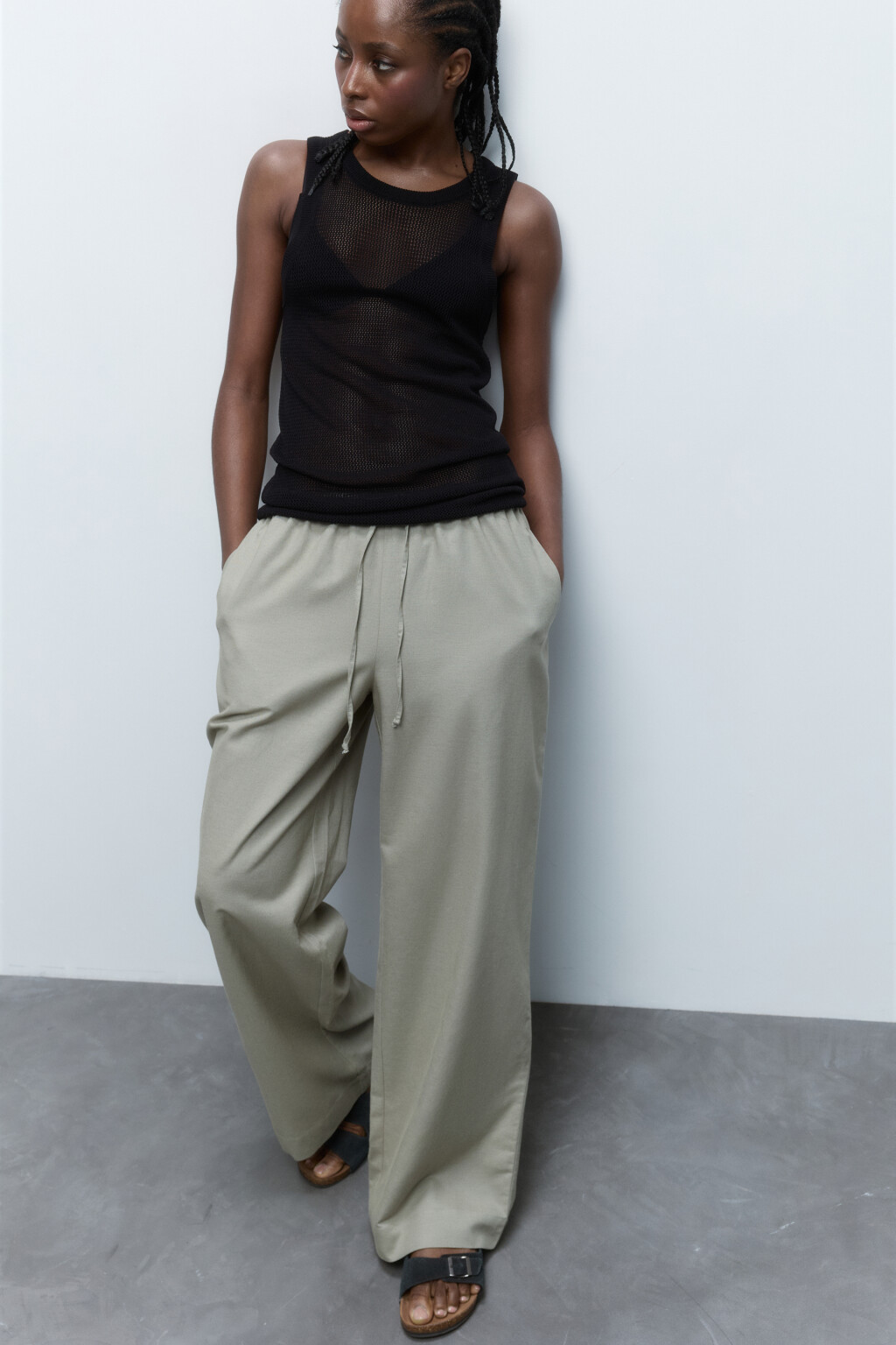 Брюки широкие льняные с поясом-резинкой - цвет зеленый - 5