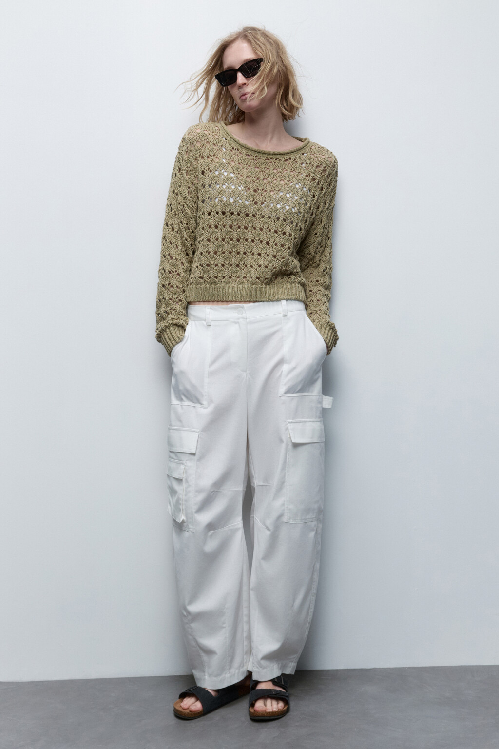 Брюки-карго широкие из льняной ткани - цвет белый - 1