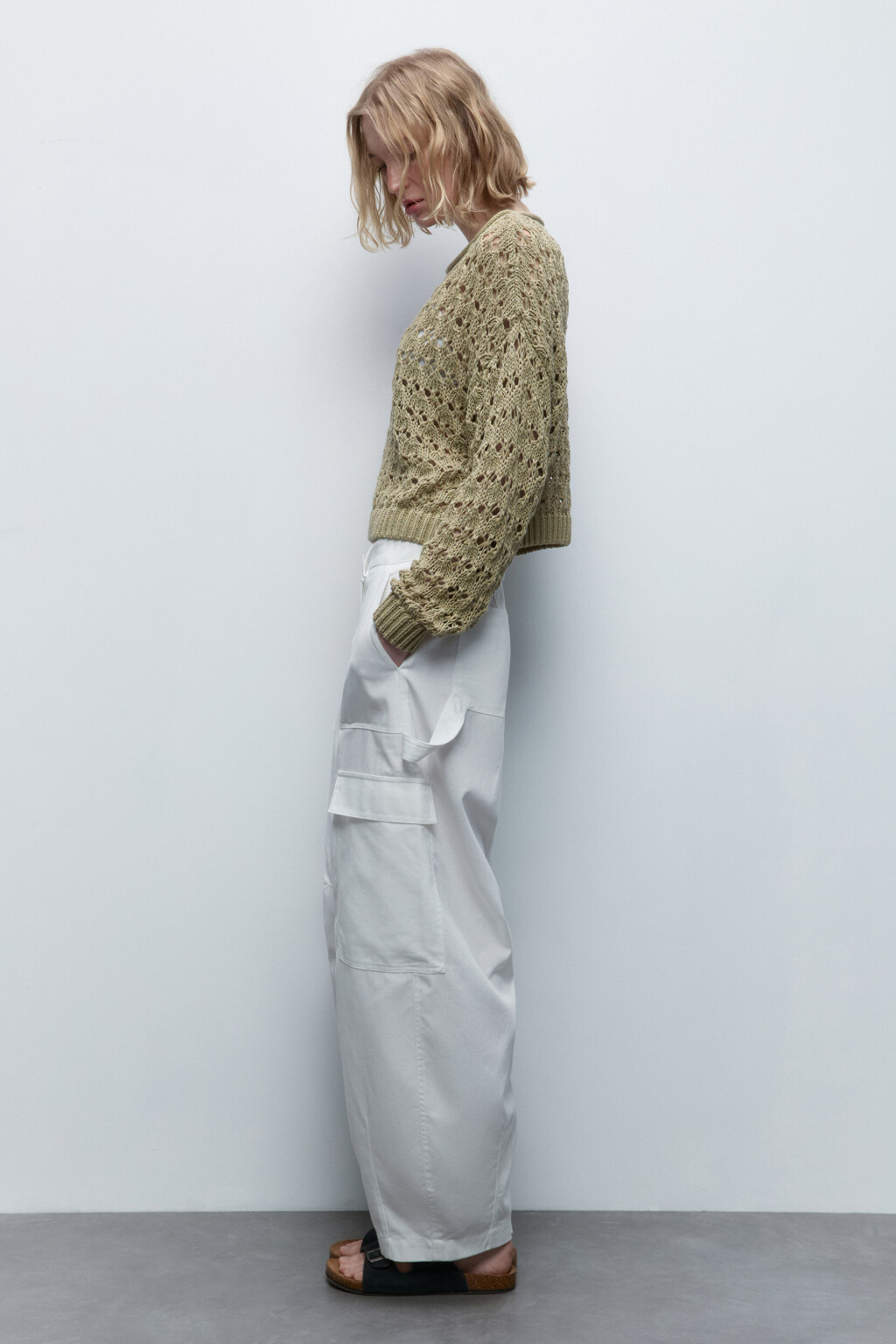 Брюки-карго широкие из льняной ткани - цвет белый - 5