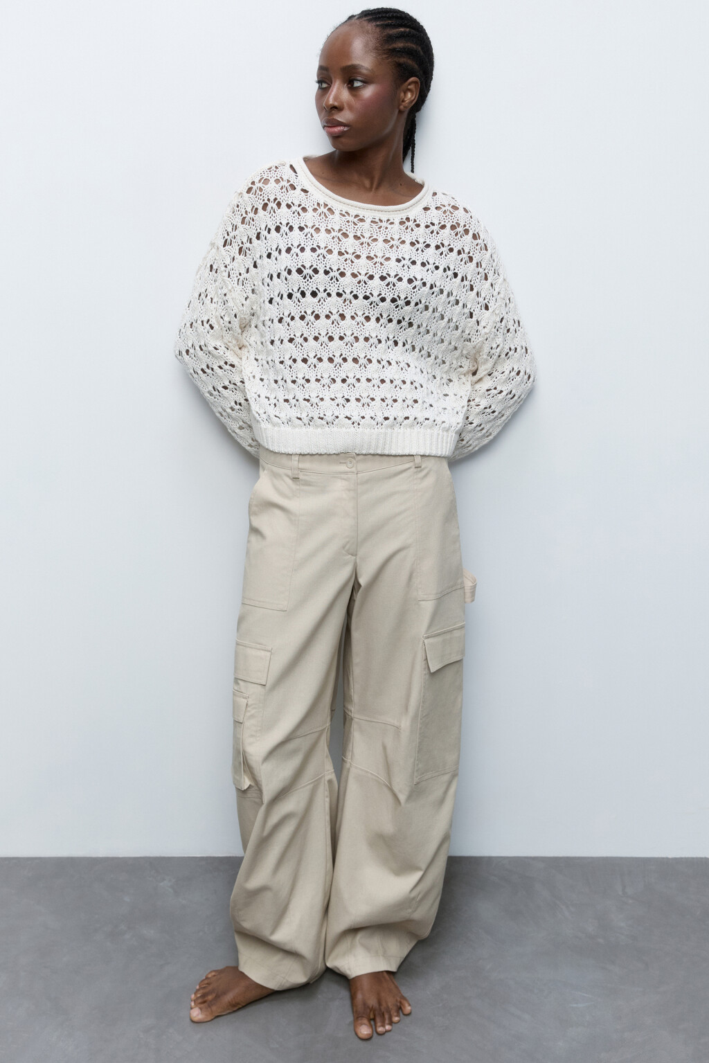 Брюки-карго широкие из льняной ткани - цвет бежевый - 5