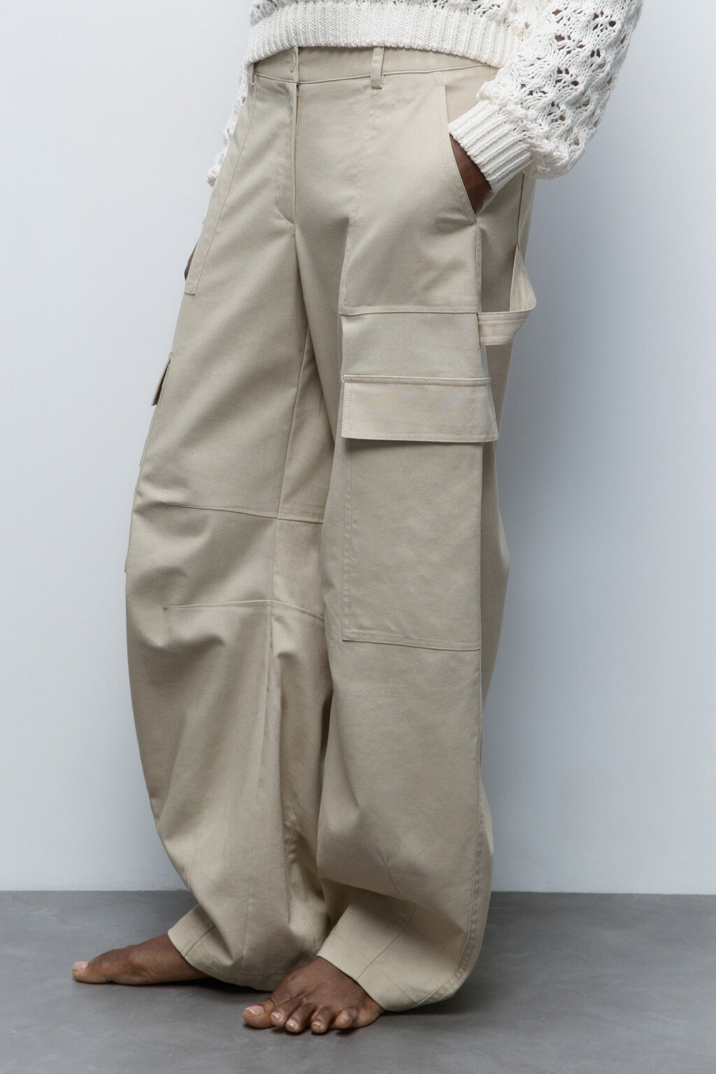 Брюки-карго широкие из льняной ткани - цвет бежевый - 2