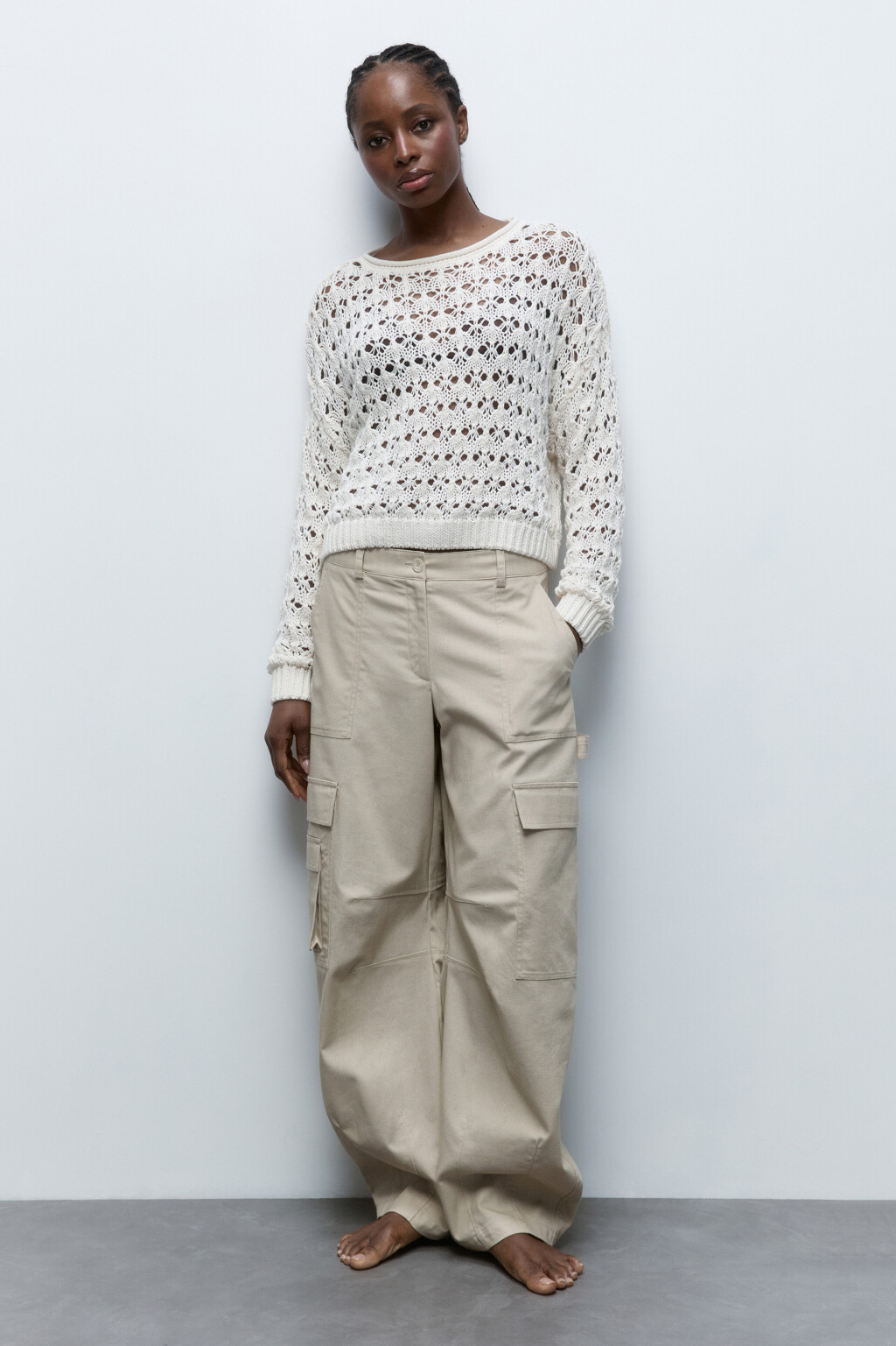 Брюки-карго широкие из льняной ткани - цвет бежевый - 4