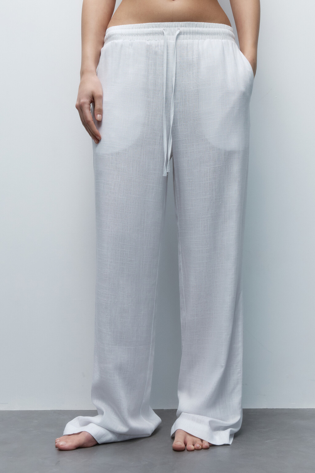 Брюки-палаццо льняные с поясом на завязках - цвет белый - 2