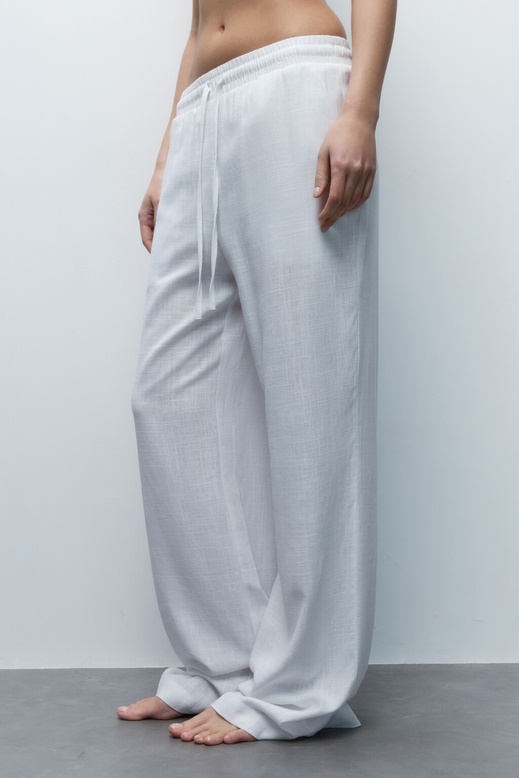 Брюки-палаццо льняные с поясом на завязках - цвет белый - 3
