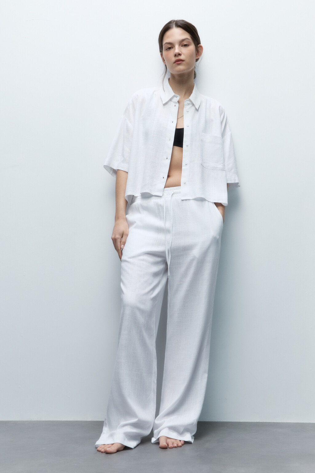 Брюки-палаццо льняные с поясом на завязках - цвет белый - 5