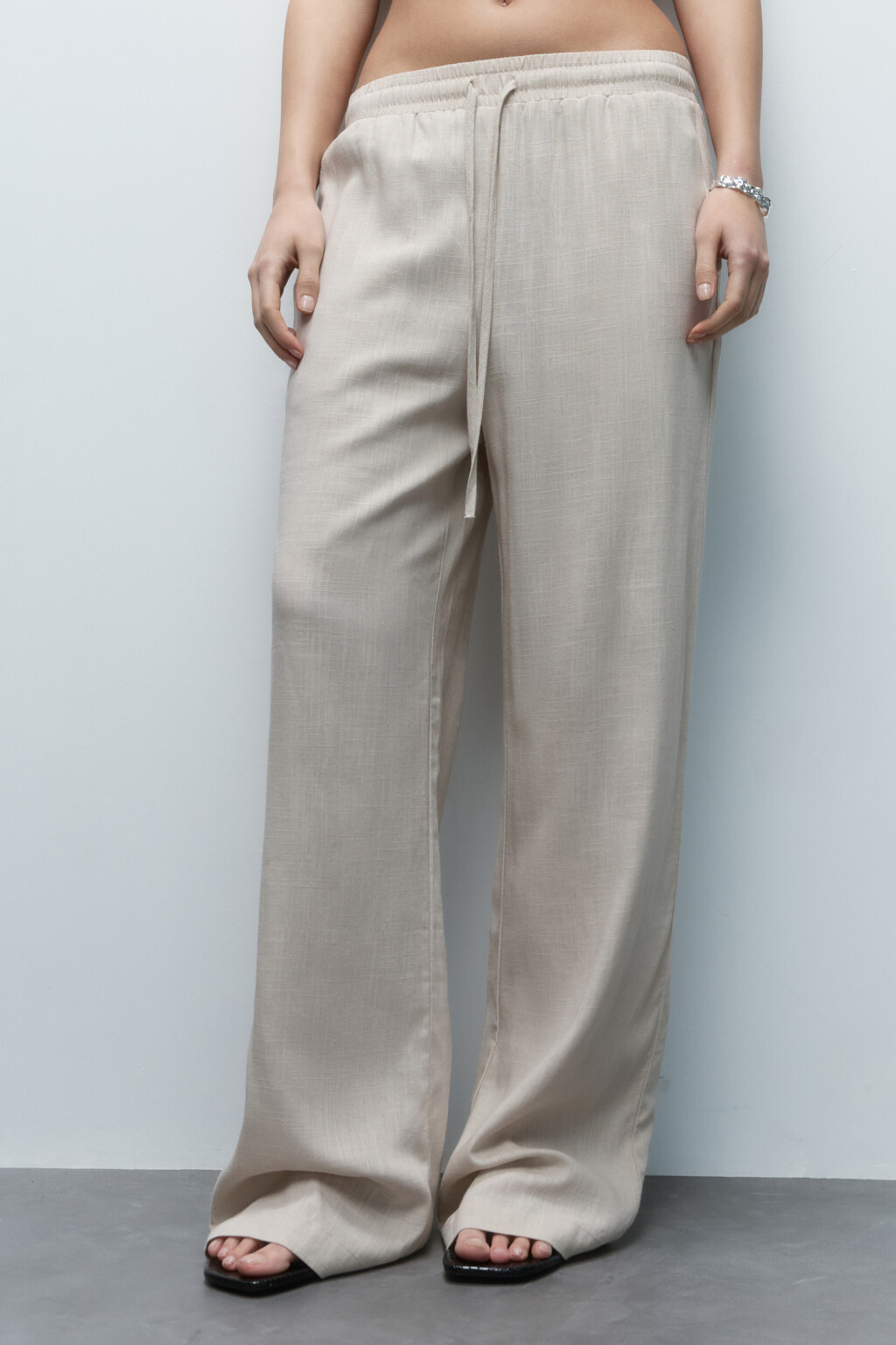 Брюки-палаццо льняные с поясом на завязках - цвет бежевый - 2