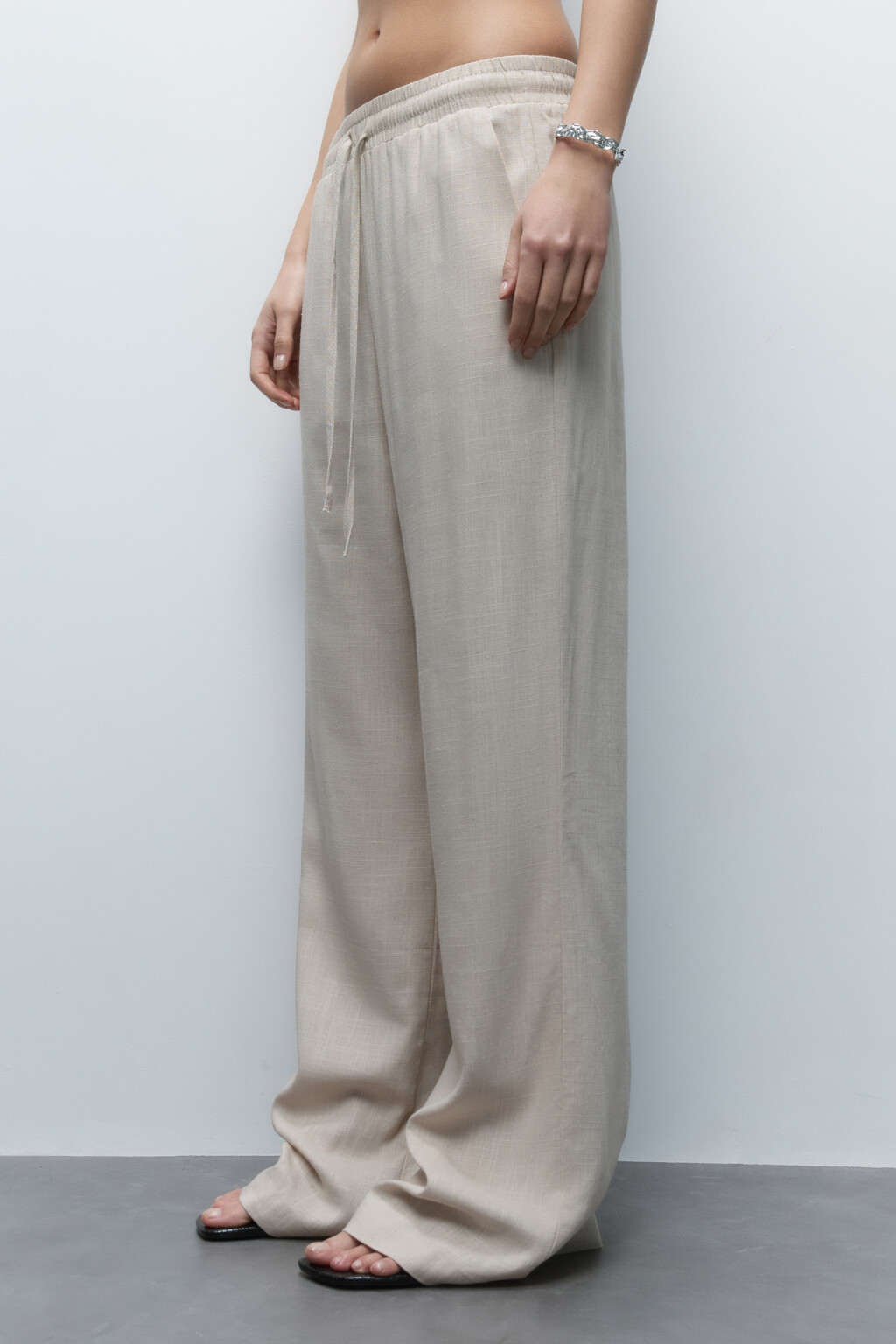 Брюки-палаццо льняные с поясом на завязках - цвет бежевый - 3