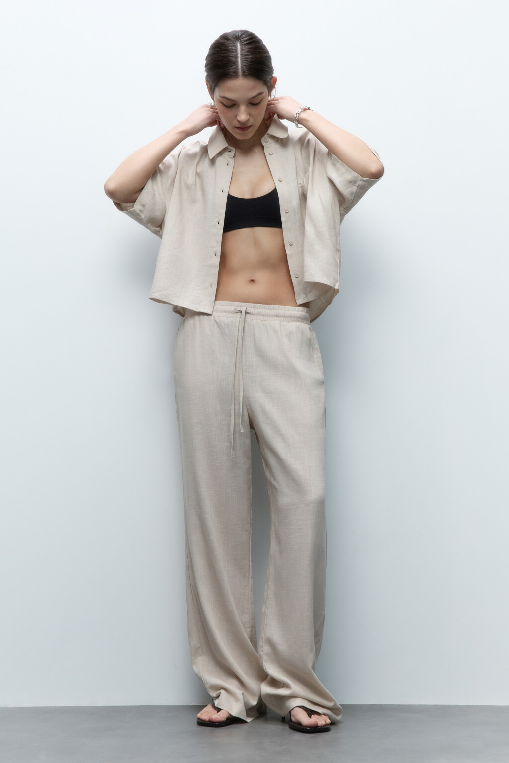Брюки-палаццо льняные с поясом на завязках - цвет бежевый - 5
