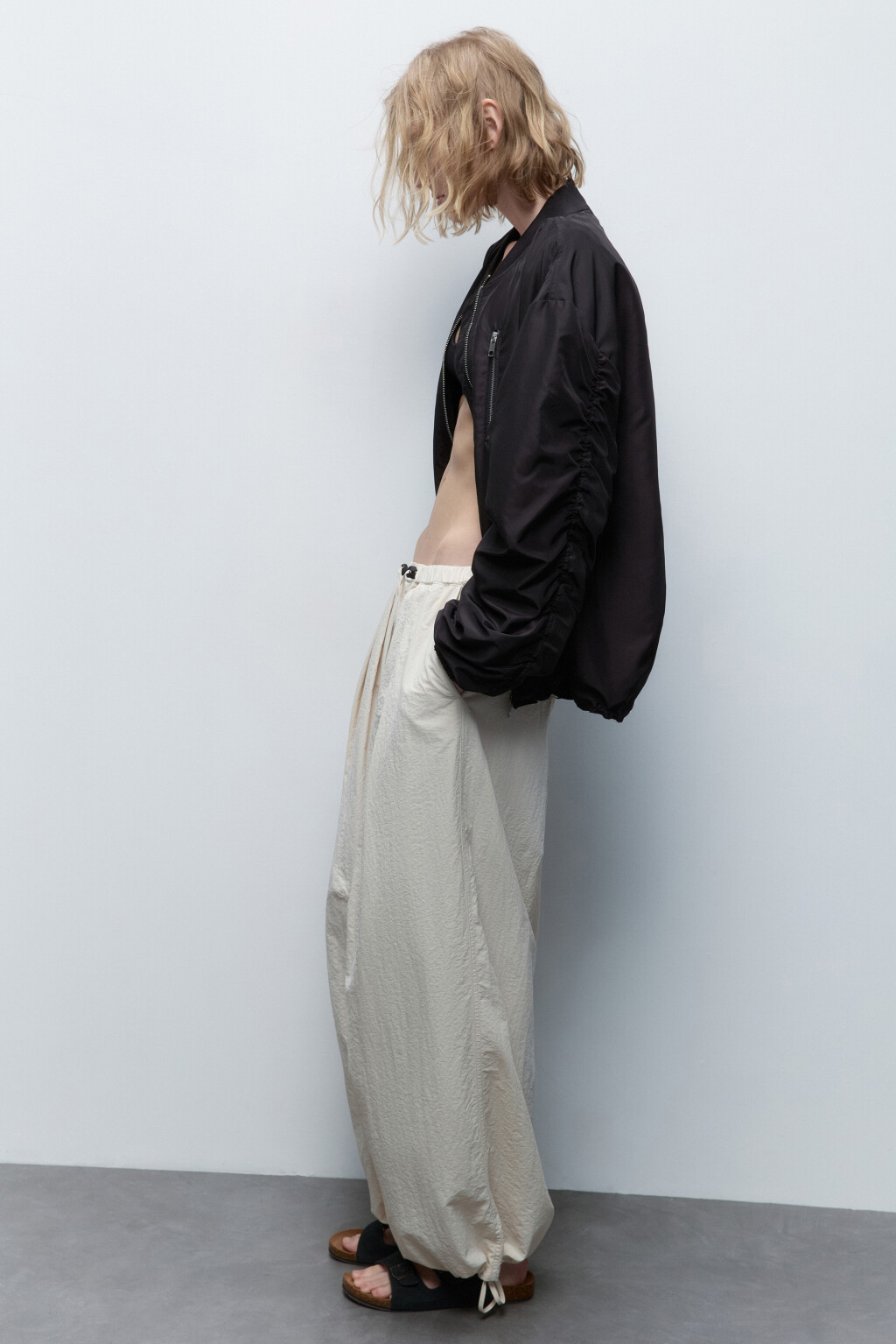 Брюки-парашюты широкие с утяжками - цвет бежевый - 1